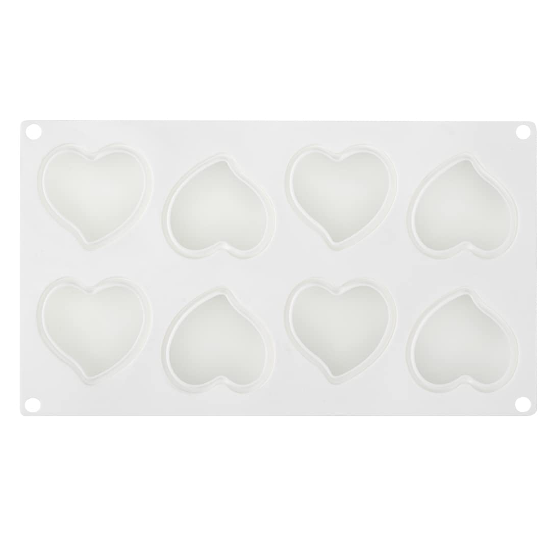 Restaurantware Pastry Tek 8-Cavity Heart Molds - 10 Oven-Safe Heart Pans, Flexible & Freezer-Safe White Silicone Baking Molds for Easy Release | Perfect for Valentine's Day, Wedding Cakes, Cupcakes & Chocolate Desserts