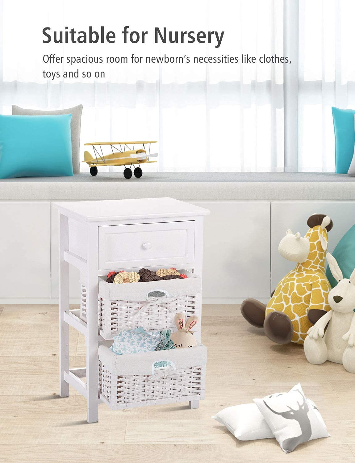 2-Tier Wooden Nightstand Set of 2 with Drawer & Storage Baskets - White Bedside Table for Small Spaces, Bedroom, Living Room | Compact End Table for Apartment, Dorm, Guest Room