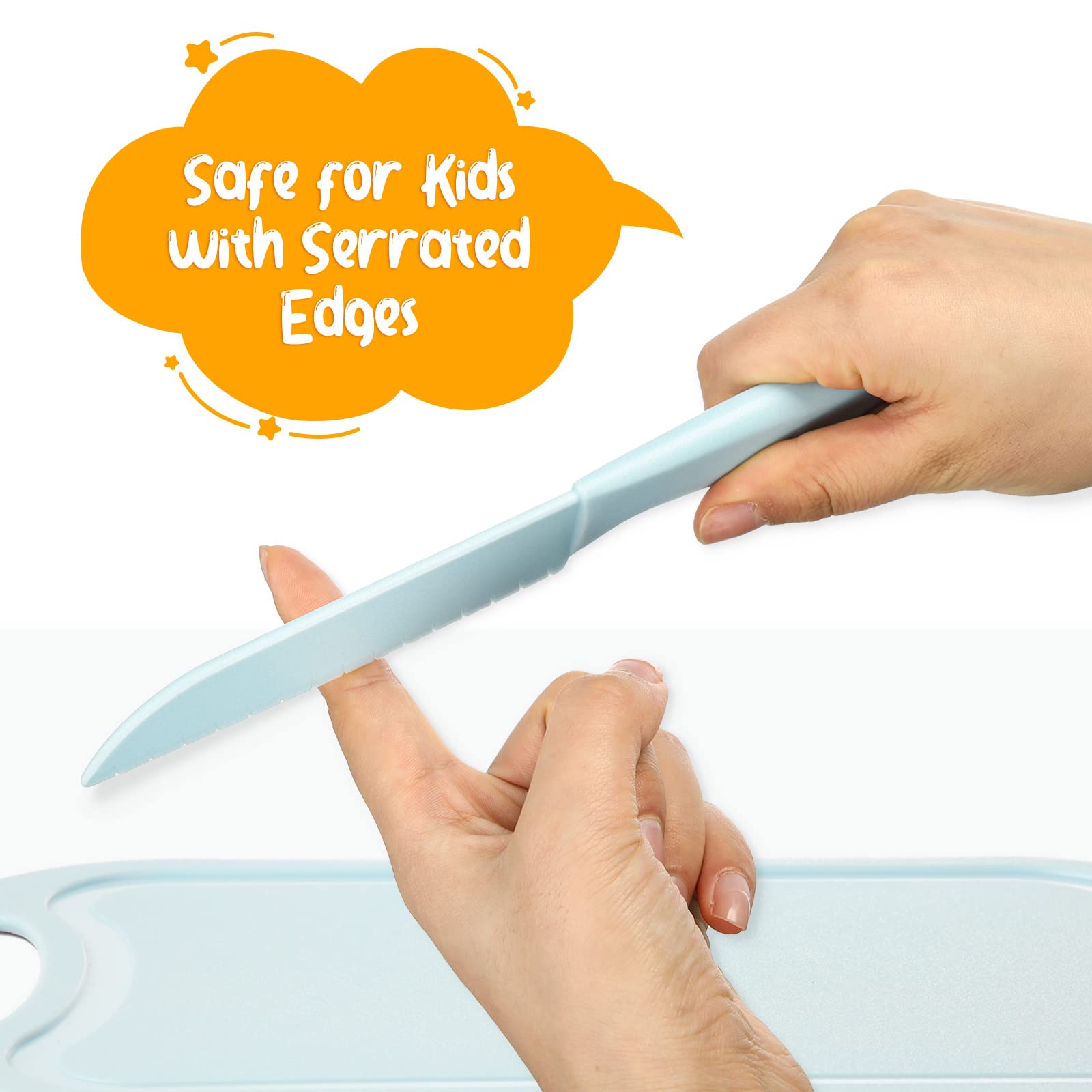 BPA-Free Kids Cooking Knife Set with Plastic Knives, Cutting Board, Plate & Fork - Safe Toddler Knives for Real Cooking - Perfect for Meal Prep, Snack Time & Learning Kitchen Skills (Blue)