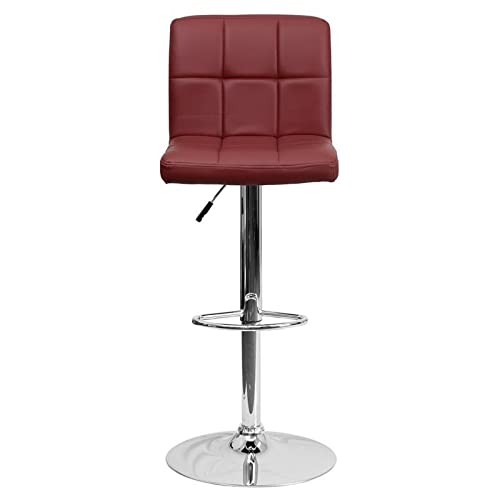 Burgundy Contemporary Quilted Vinyl Adjustable Height Bar Stool - Modern Swivel Kitchen Island Stool with Armrest for Counter, Dining & Home Decor - Perfect for Kitchen, Bar, Breakfast Nook & Entertainment Areas