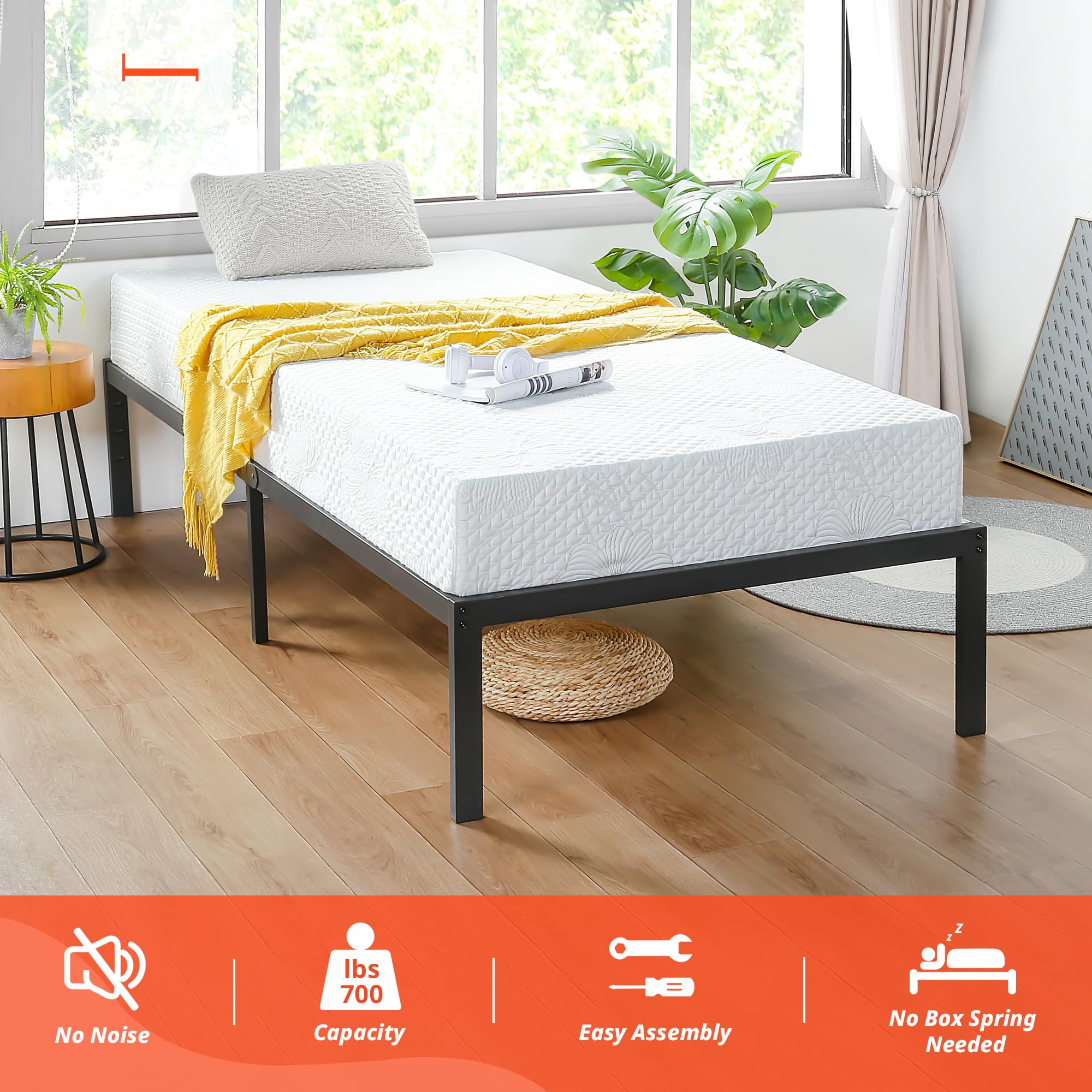 PrimaSleep 14 Inch Heavy Duty Steel Slat Anti-Slip Bed Frame - Noise Free Mattress Foundation with Maximum Storage, No Box Spring Needed - Twin Size Platform Bed for Small Spaces & Guest Rooms (Black)
