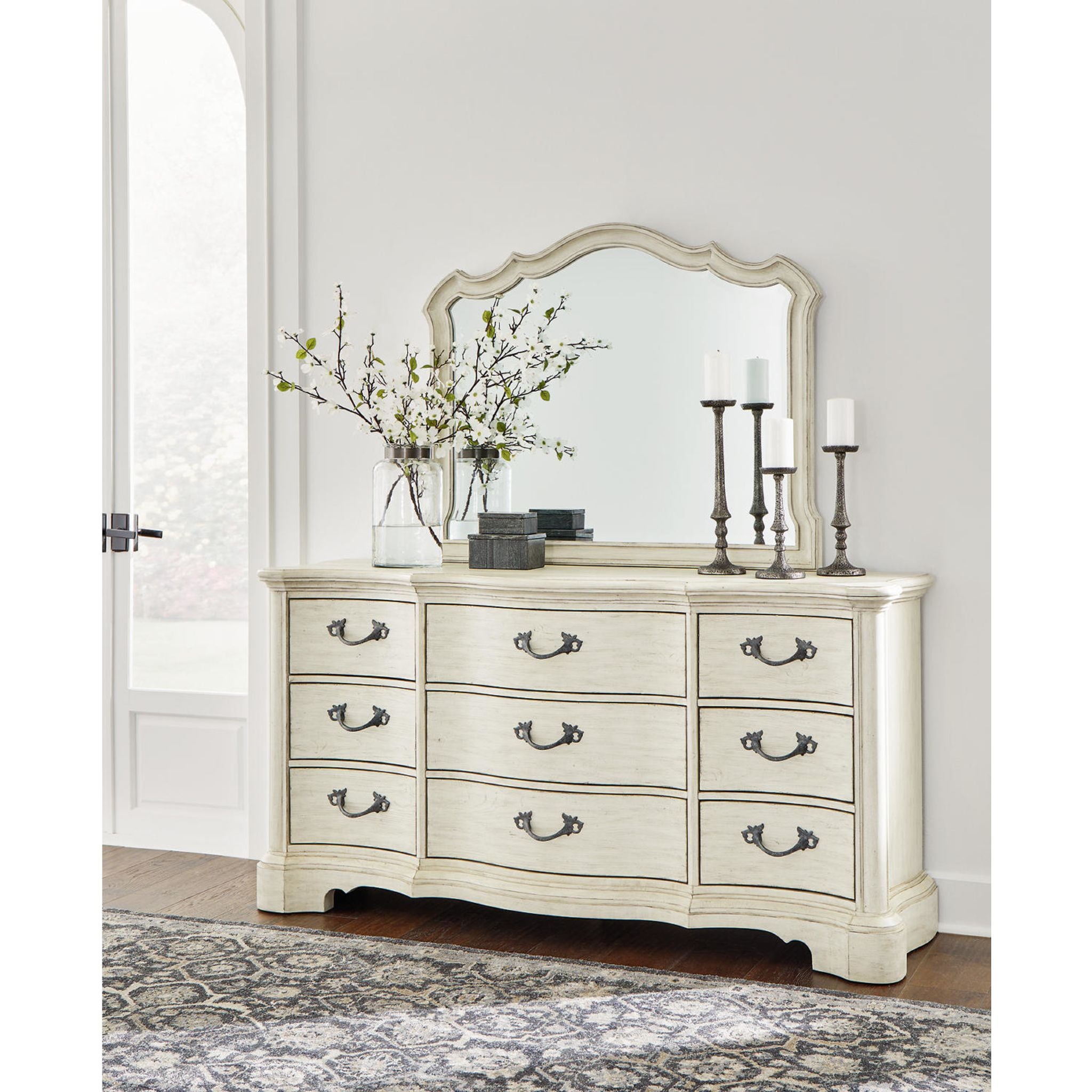 Arlendyne Antique White Dresser with Mirror - Elegant Bedroom Furniture for Home Decor & Storage