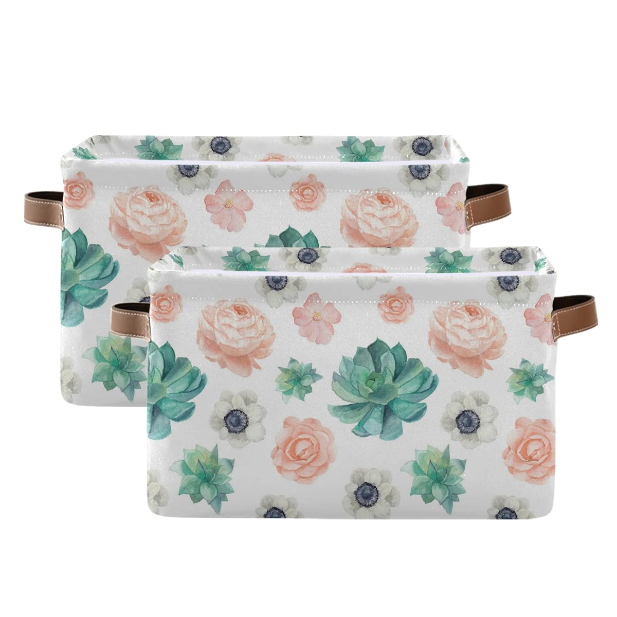 Collapsible Canvas Storage Baskets - Large Watercolor Succulent Flower Nursery Bins & Boxes for Bedroom, Closet, Kids Toys & Laundry (2-Pack) | Perfect for Home Organization, Nursery Decor & Toy Storage
