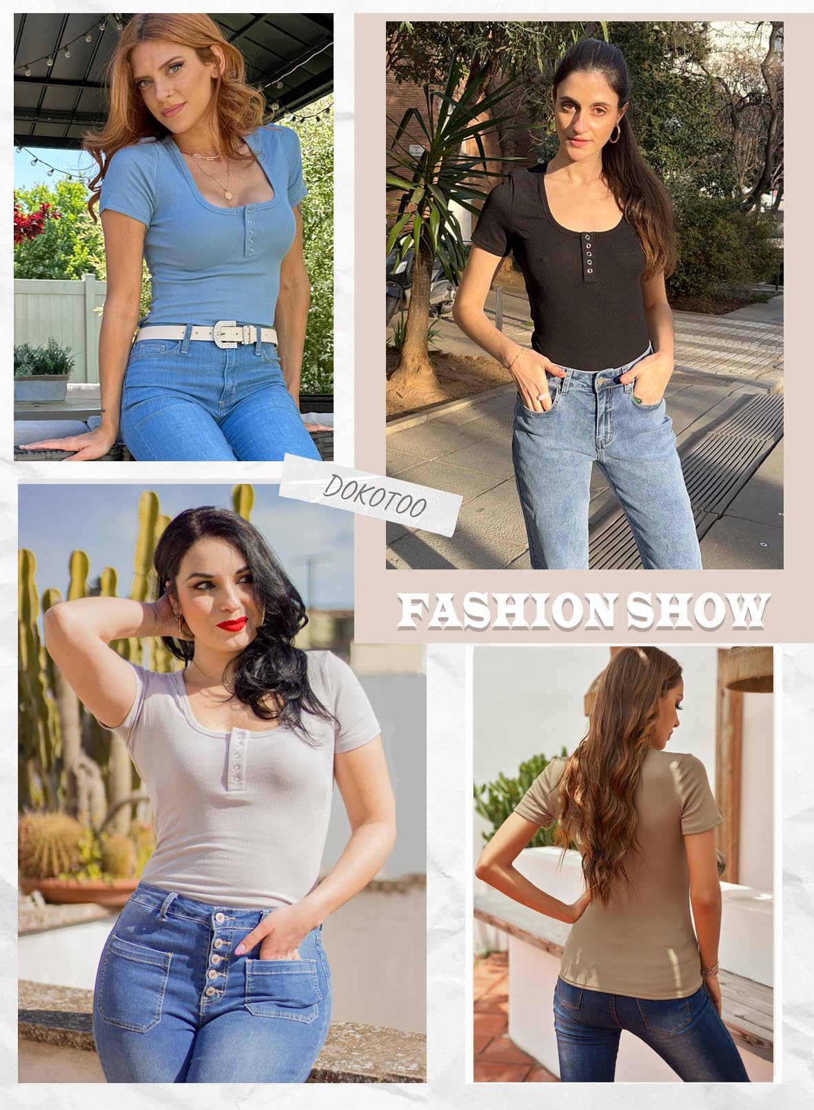 Dokotoo Women's Basic Ribbed Knit Low Cut Button Down Slim Fitted Tee - Soft Stretch Summer T-Shirt for Casual Wear, Layering & Everyday Outfits
