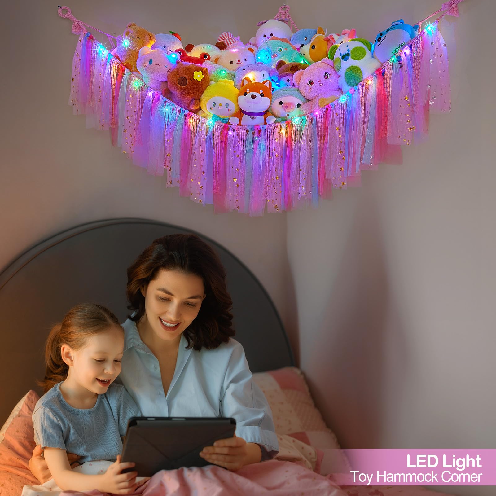 FIOBEE Stuffed Animal Storage Hammock with LED Lights - Hanging Toy Organizer for Kids Bedroom & Nursery Decor - Perfect for Storing Plush Toys, Stuffed Animals & Soft Toys in Style