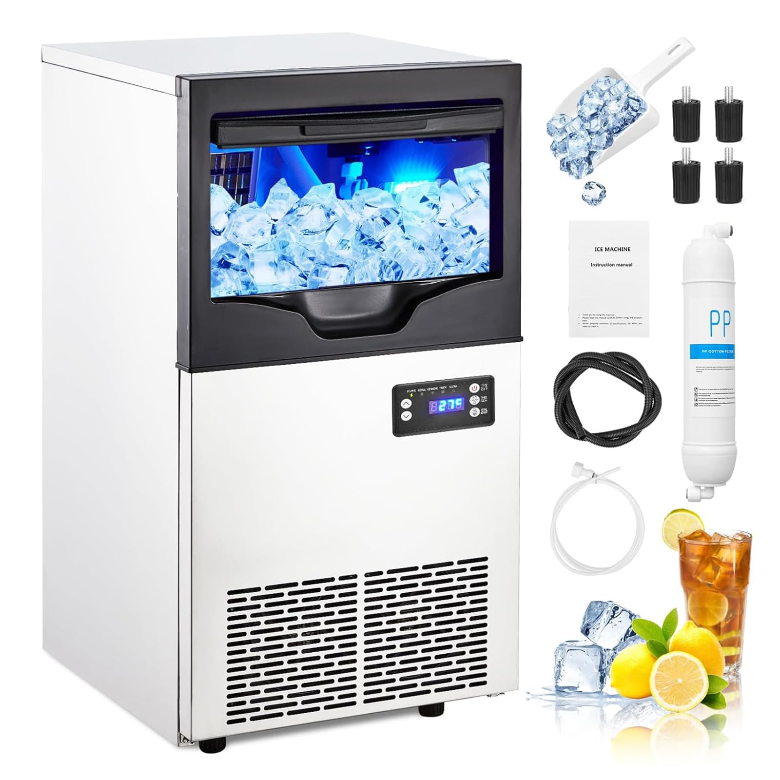 Zstar Commercial Ice Maker Machine - 33LBS Under Counter Ice Maker with LCD Display & Self-Cleaning, Stainless Steel Freestanding Ice Machine for Restaurants, Bars, Home Kitchen, and Outdoor Events