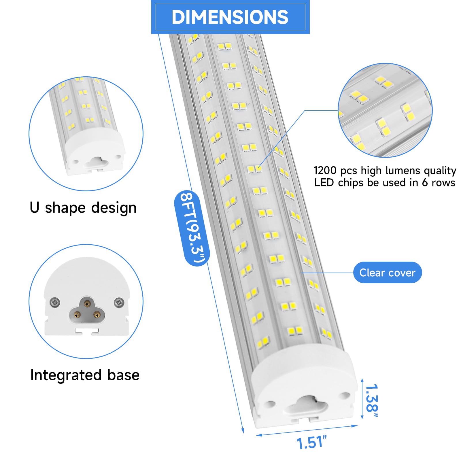 8FT LED Shop Light - 125W U Shape Integrated LED Tube, 6500K Daylight White, 20000LM Super Bright, Flush Mount or Hanging Linkable Ceiling Lights for Garage, Workshop, Warehouse - Plug & Play (6 Pack) - Perfect for Industrial, Commercial & Home Use