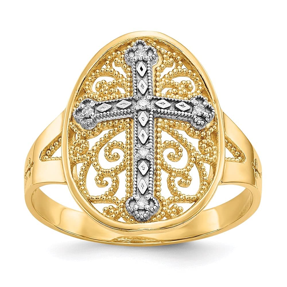 14K Yellow & White Gold Diamond Filigree Cross Ring for Women - Elegant Religious Jewelry Gift for Baptism, First Communion & Special Occasions