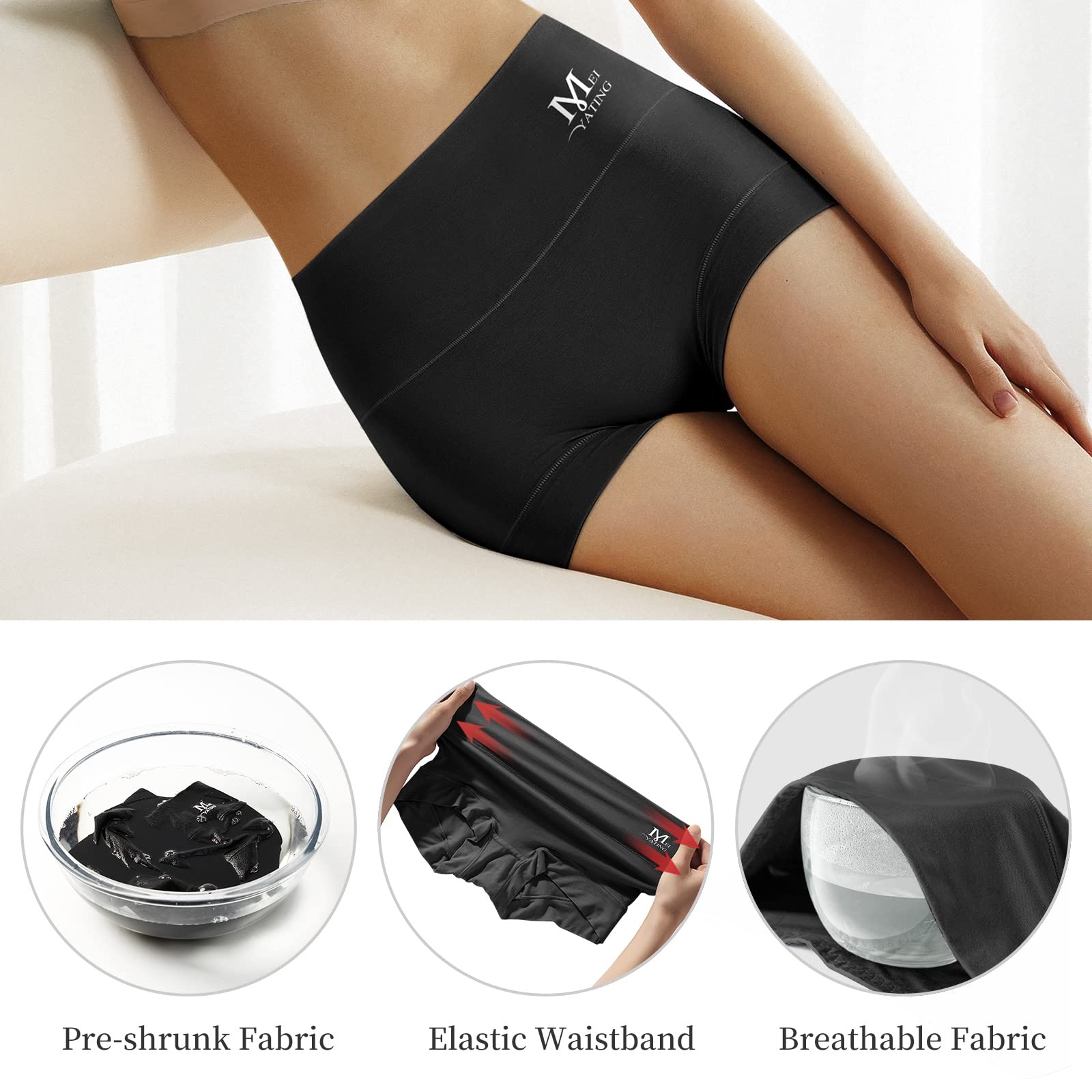 MEIYATING Women's High Waisted Cotton Boy Shorts Underwear - Soft Stretch Briefs 4 Pack - Comfortable Everyday Panties for Lounge, Sleep & Yoga