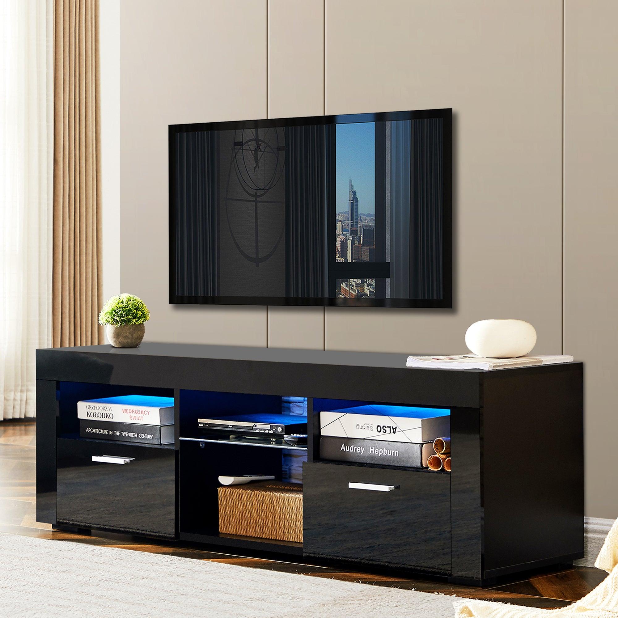 Modern Black TV Stand with LED Lights - High Glossy TV Cabinet for Living Room, Bedroom & Lounge - Easy Assembly - Perfect for Movie Nights & Entertainment Spaces