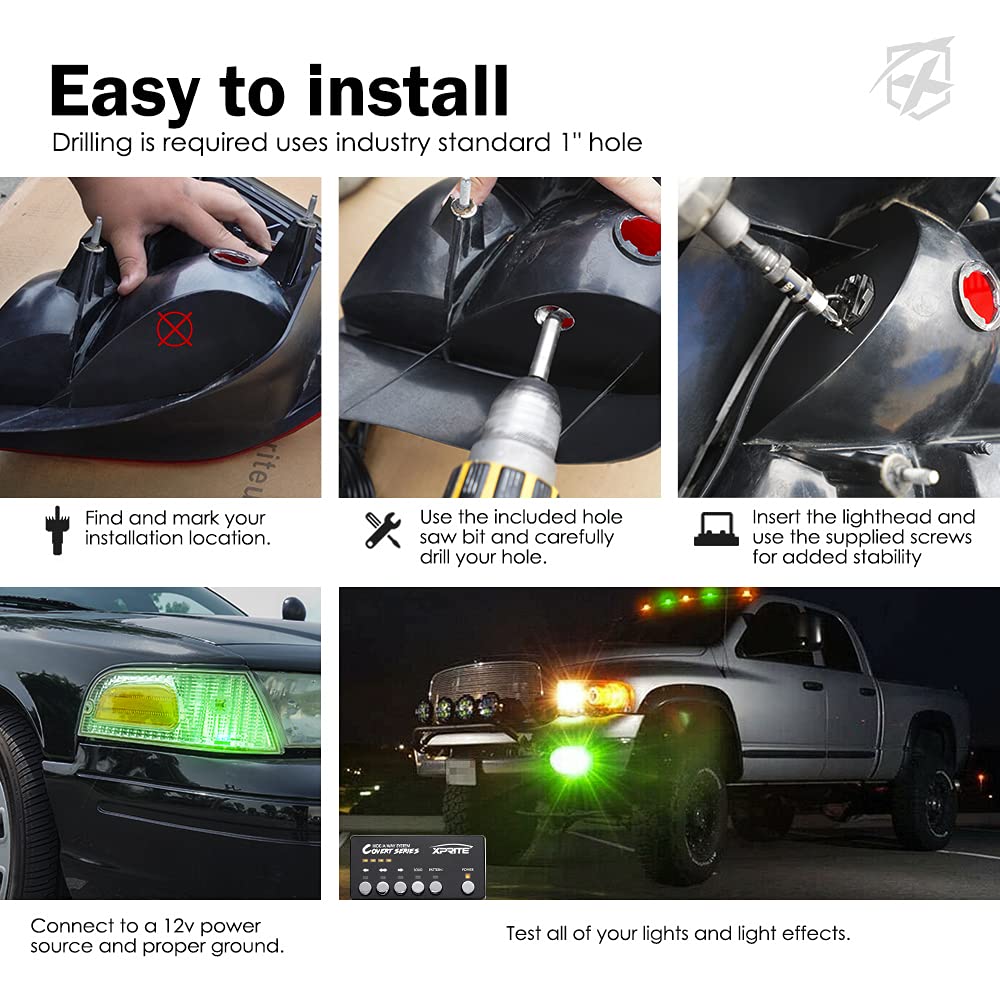 Xprite Amber Green LED Hideaway Strobe Lights Kit - 20 Flashing Patterns with Control Panel for Headlights, Taillights & Fog Lights - 8PCs Emergency Vehicle Lighting for Trucks, SUVs, Vans & Cars - Perfect for Roadside Emergencies, Construction Zones & Security Vehicles