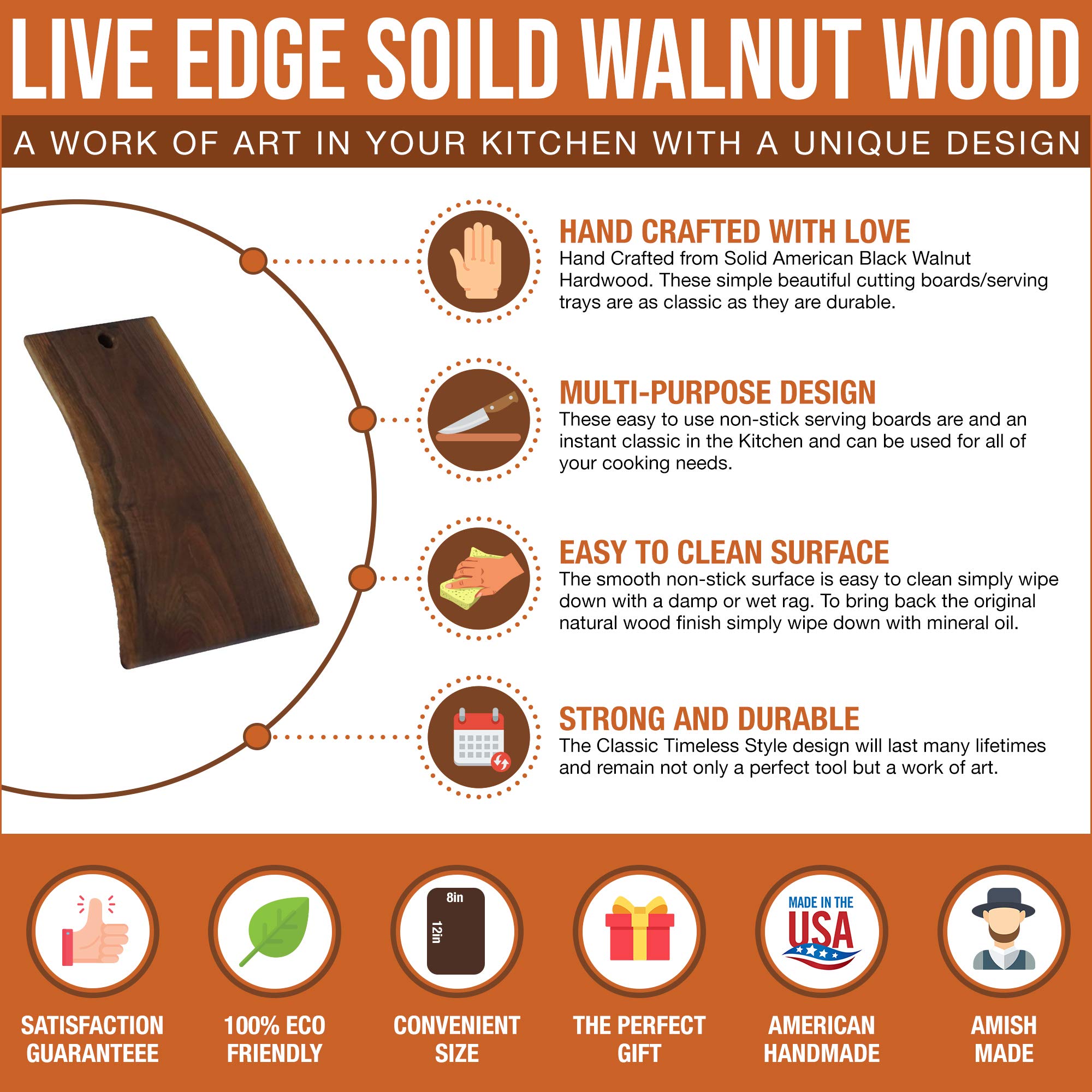 Handmade Live Edge Black Walnut Charcuterie Board - Unique Amish Crafted X-Large 10