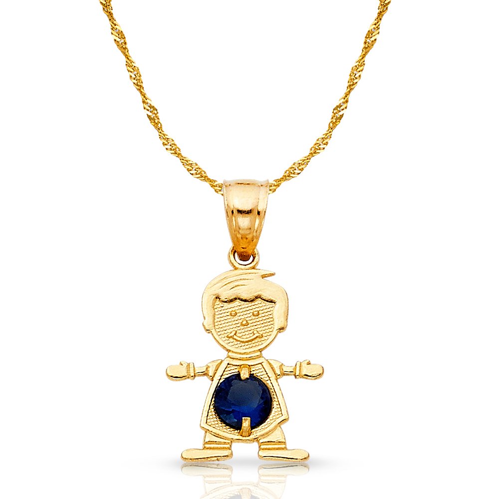 14K Yellow Gold September Birthstone Cubic Zirconia CZ Boy Charm Pendant Necklace with 0.9mm Singapore Chain - Perfect Gift for Birthday, Anniversary & Mother's Day Jewelry