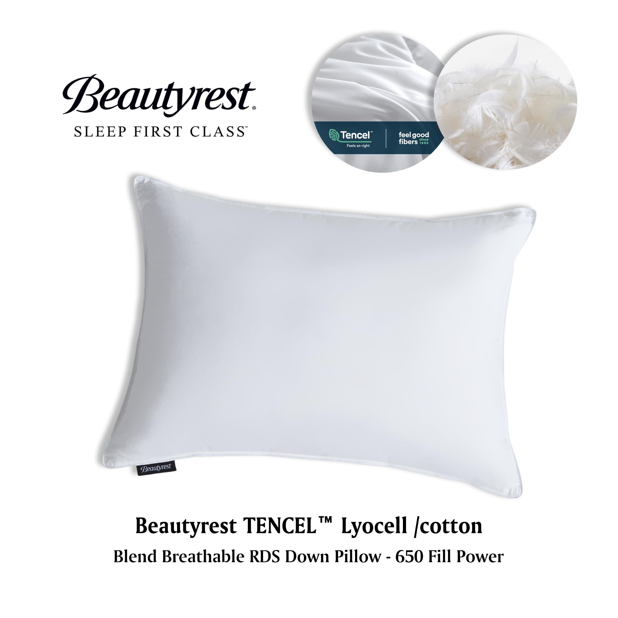 Beautyrest Hypoallergenic White Down Pillow with Tencel/Cotton Blend Cover - Cooling & Breathable King Size Bed Pillow (36