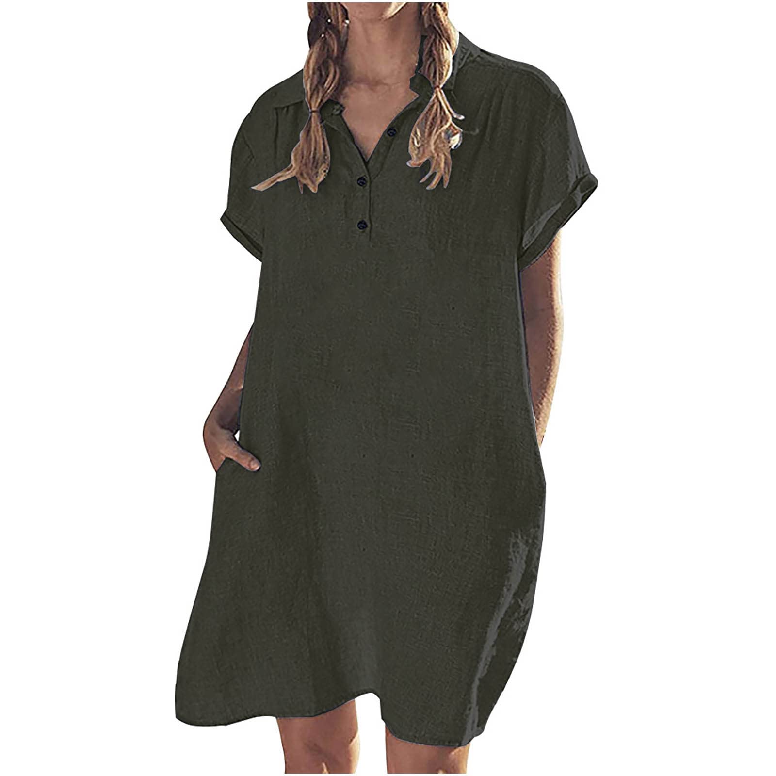 YZHM Women's Loose Summer Dress - Button V-Neck Short Sleeve T-Shirt Dress, Lightweight Casual Mini Dress with Pockets | Perfect for Beach, Vacation & Everyday Wear