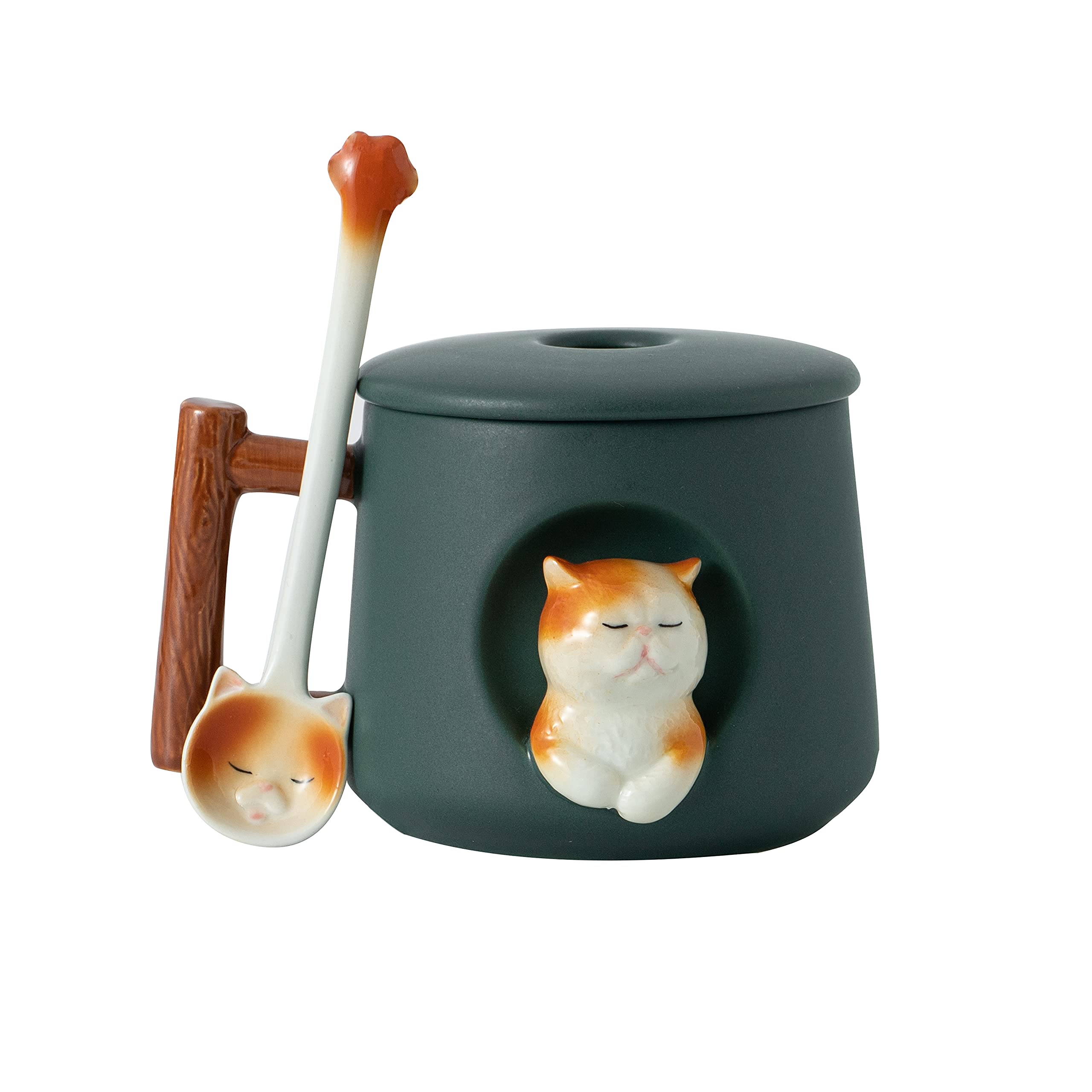 DIHOclub 14oz Ceramic Coffee Mug with Lid & Spoon - 3D Cat Design for Tea, Milk, Chocolate, Juice - Cute Gift for Cat & Dog Lovers - Perfect for Home, Office, Gifts (Green)