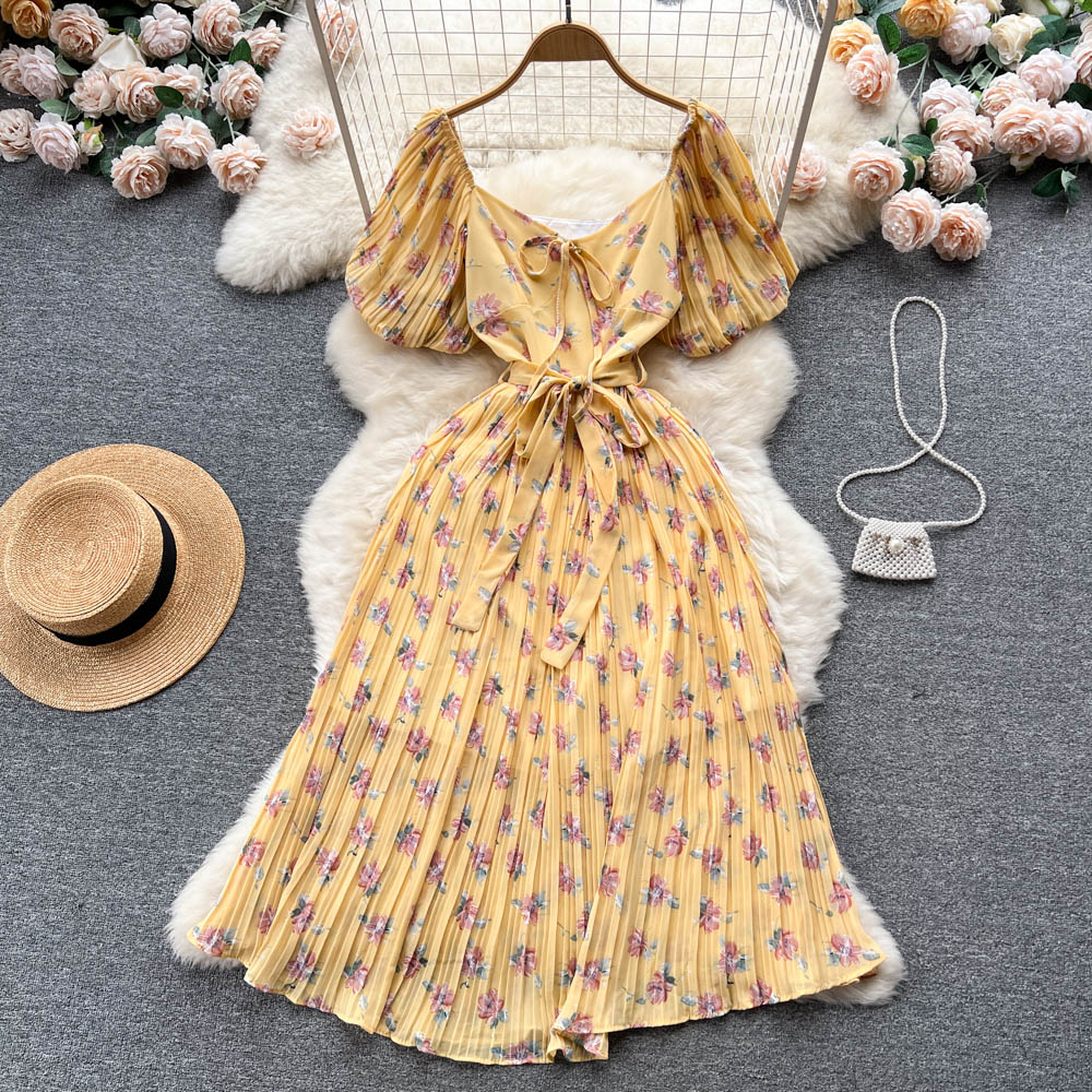 French Puff Sleeve Floral Print Chiffon Maxi Dress for Women - Elegant Summer Long Dress with Ruffle Details | Perfect for Beach Vacations, Garden Parties & Date Nights