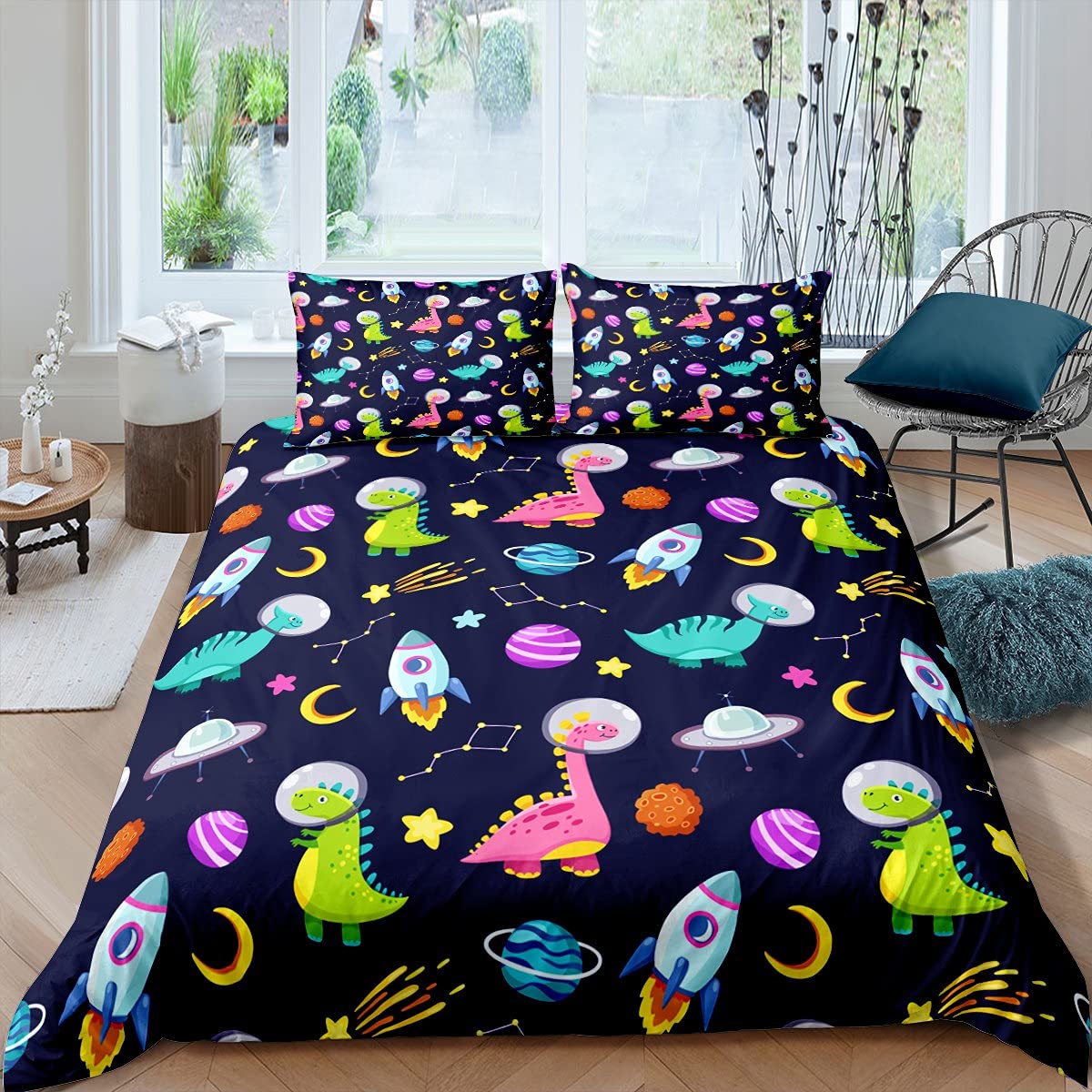 Dinosaur Duvet Cover Set for Kids - Outer Space Cartoon Dino & Jungle Animals Bedding | Astronaut & Rocket Twin Size Comforter Cover (2Pcs) | Perfect for Girls' Bedroom Decor & Teen Space-Themed Room
