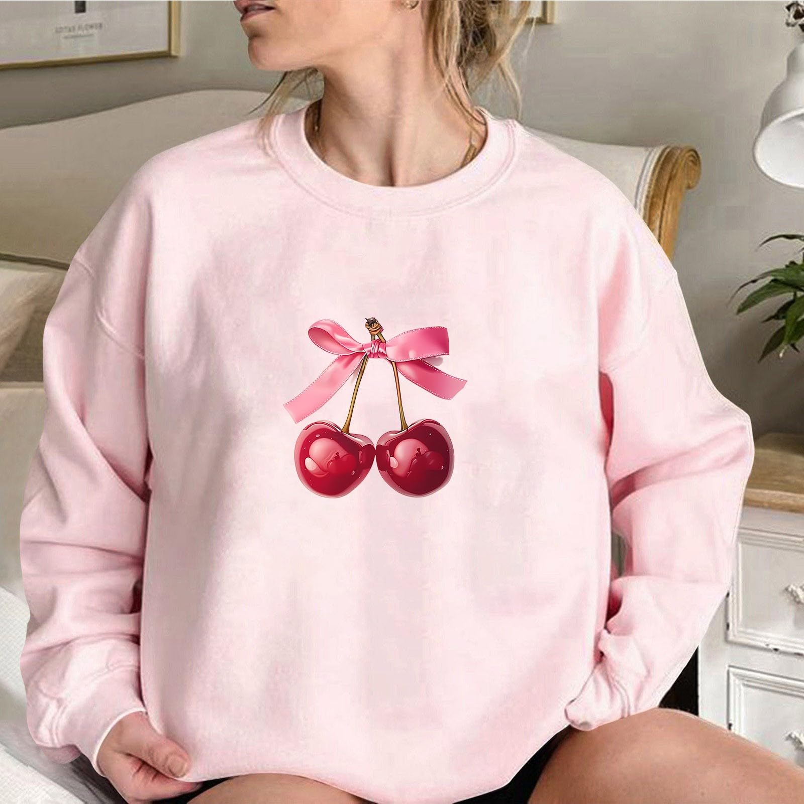 Women's Akklian Cute Cherry Bow Print Long Sleeve Kawaii Pullover - Oversized Loose Pink Sweatshirt for Teen Girls, Perfect for Casual Wear, School, and Weekend Outings