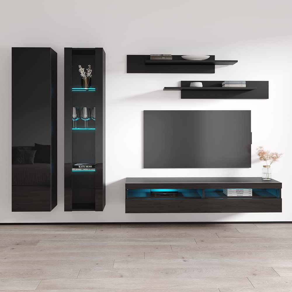 Modern Floating TV Stand with Storage & LED Lights - Wall-Mounted Entertainment Center for Bedroom & Living Room - A4 35TV Console with Shelves - Perfect for Small Spaces & Home Theater Setup - Black