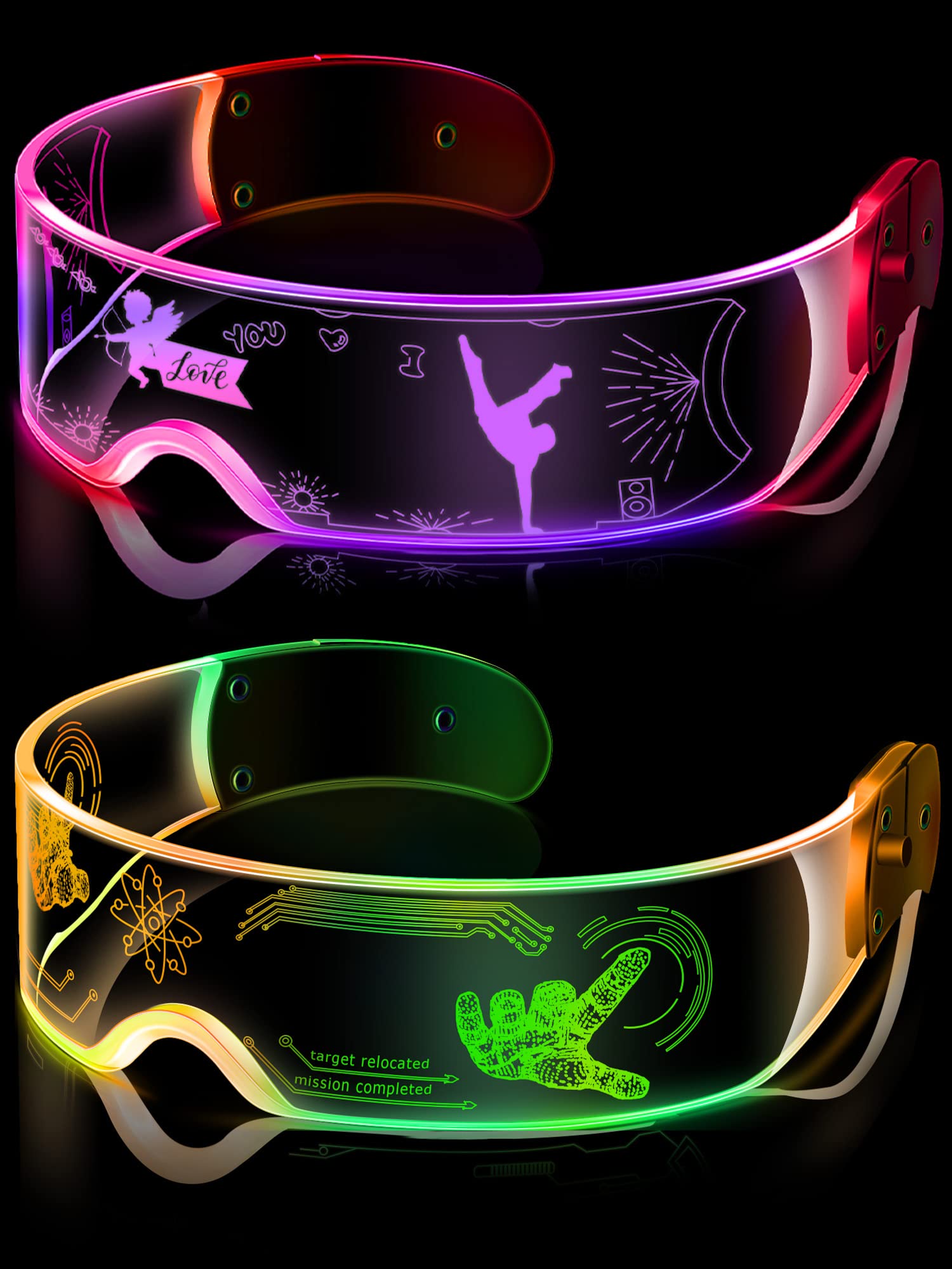 TOODOO 2 Pairs LED Visor Glasses - 7 Color Changing Light Up Glasses with 4 Modes, Honeycomb Luminous Eyewear for Rave, Party, Halloween, Cosplay & Night Events (Delicate Style) - Futuristic Glow Accessories for Adults