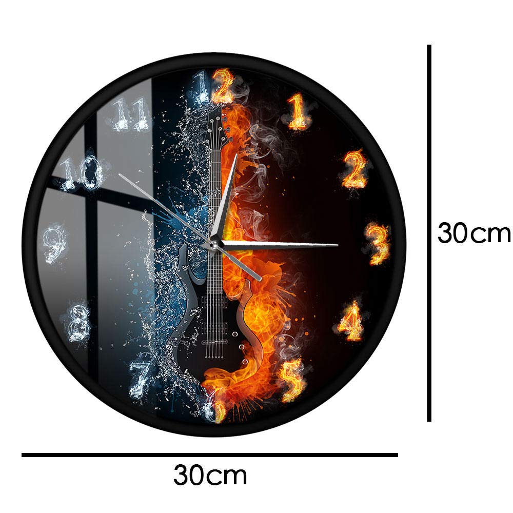 Half Water Half Fire Acoustic Electric Guitar Wall Clock - Unique Musical Instrument Decor for Guitar Players - Metal Frame Wall Art - Perfect for Music Room, Studio & Guitar Lover Gifts