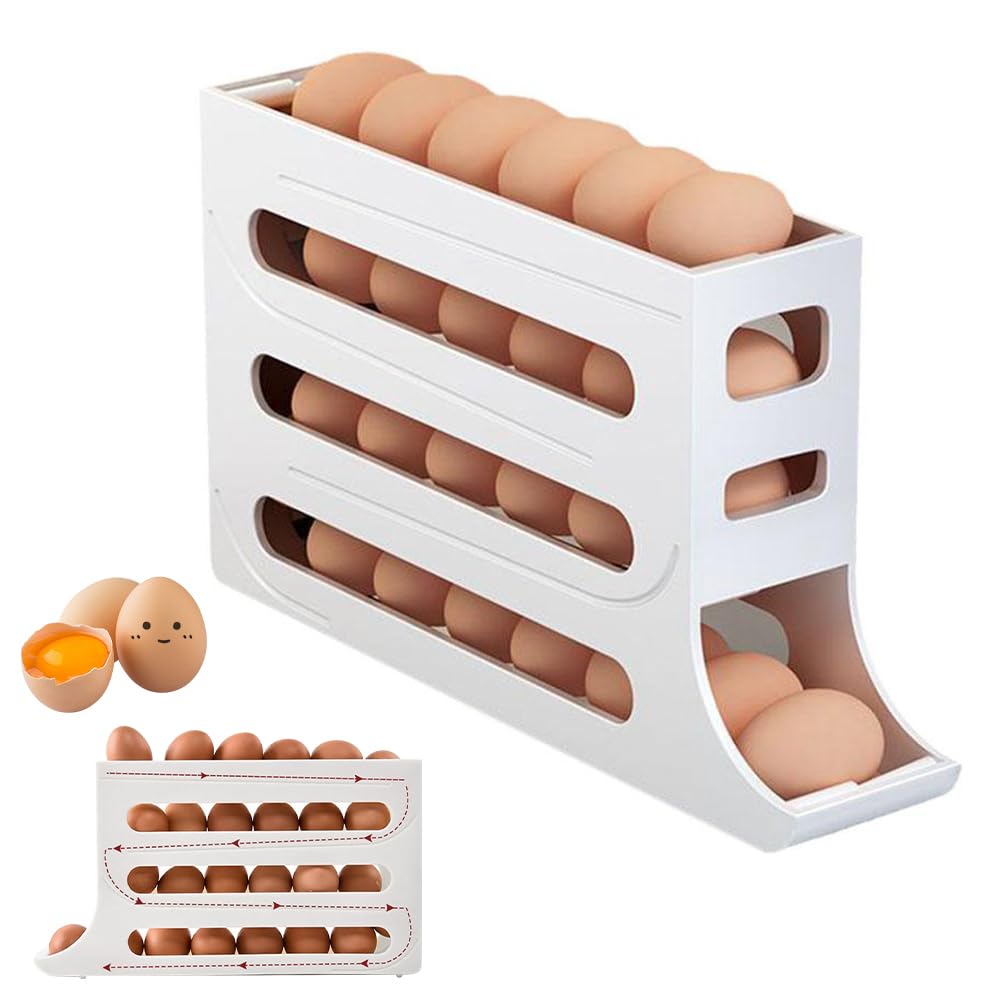 4-Tier Rolling Egg Dispenser for Fridge - Large Capacity 30 Eggs Holder, Space-Saving Refrigerator Organizer (White) - Perfect for Kitchen Storage & Easy Breakfast Access