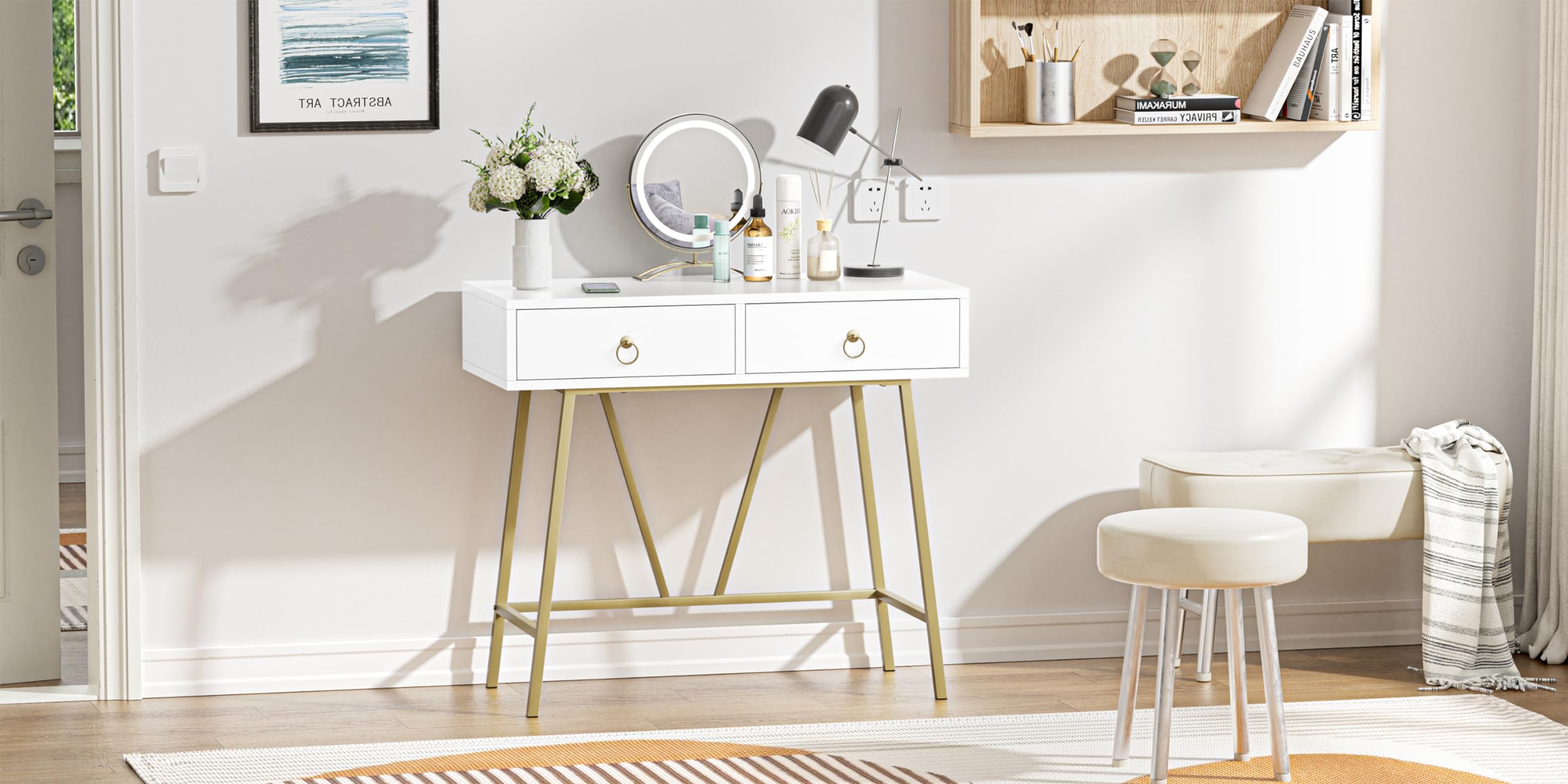 Anmytek 35.4 Inch Modern White Home Office Desk with 2 Drawers & Golden Legs - Study Writing Computer Makeup Vanity Table for Small Spaces, Dorm Room, Bedroom Workspace (Model D0002)