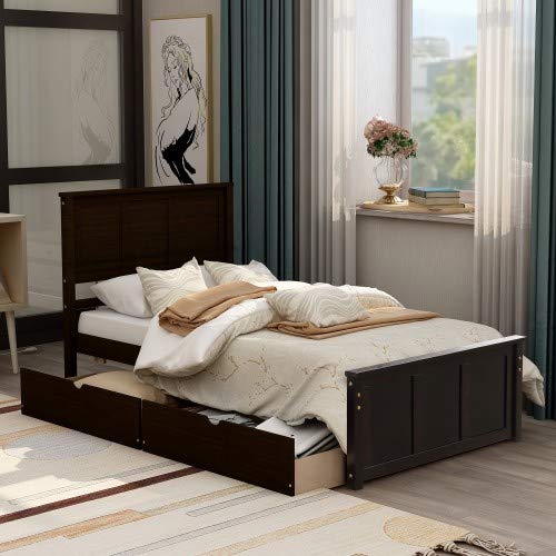 Platform Storage Bed with 2 Rolling Drawers - Twin Size Bed Frame in Espresso Finish | Space-Saving Bedroom Solution for Small Rooms & Dormitories