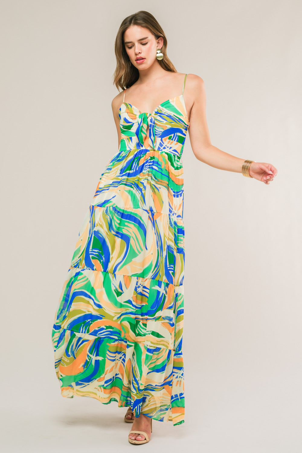 Florida Dreams Tie Front Maxi Dress in Blue Green - Perfect for Beach Vacations & Summer Outings