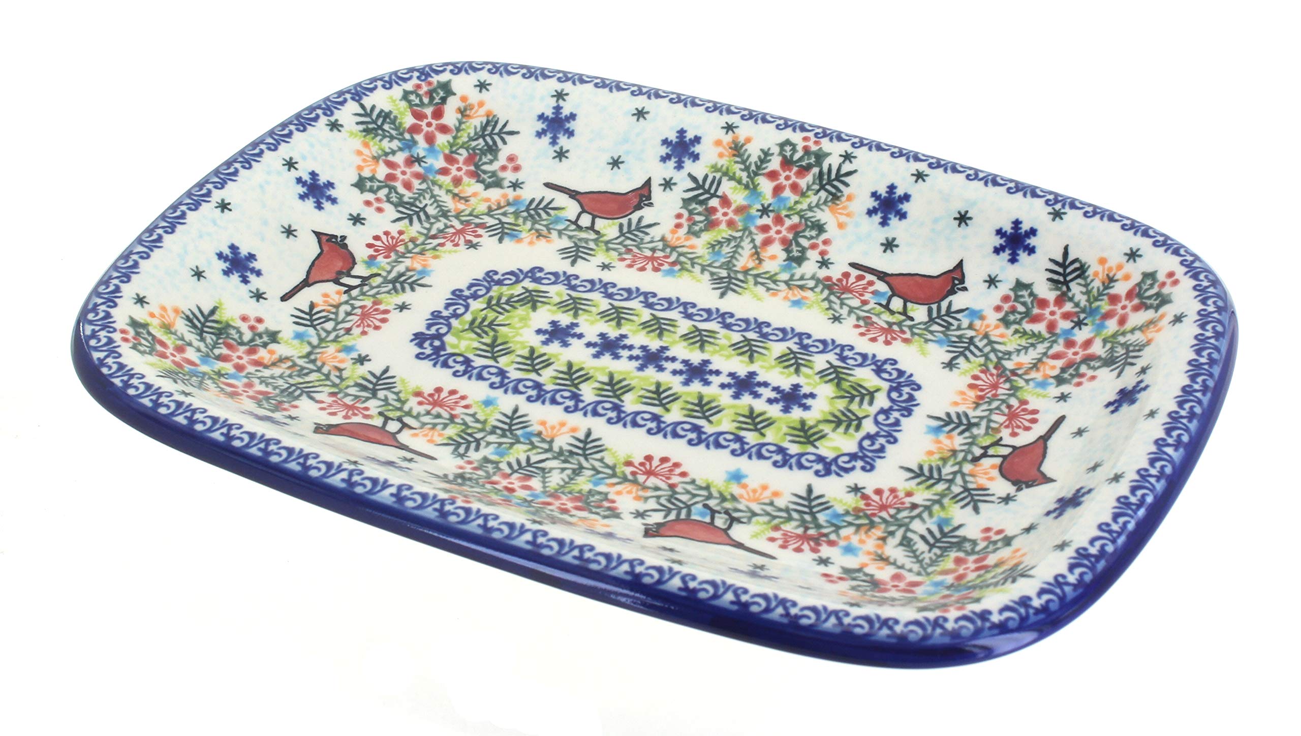 Blue Rose Polish Pottery Winter Cardinal Medium Rectangular Serving Platter - Elegant Holiday Dinnerware for Christmas Table Setting & Home Decor