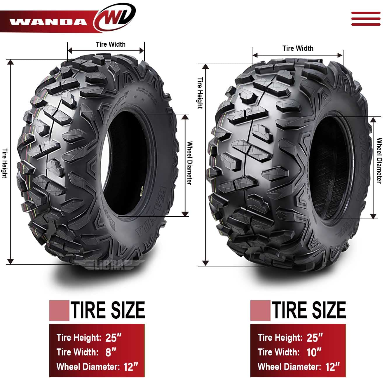WANDA Set of 4 ATV/UTV Tires 25X8-12 & 25X10-12 - Compatible with 2006-2014 SUZUKI KING QUAD 700 & 750 - All-Terrain Off-Road Tires for Hunting, Farming & Trail Riding