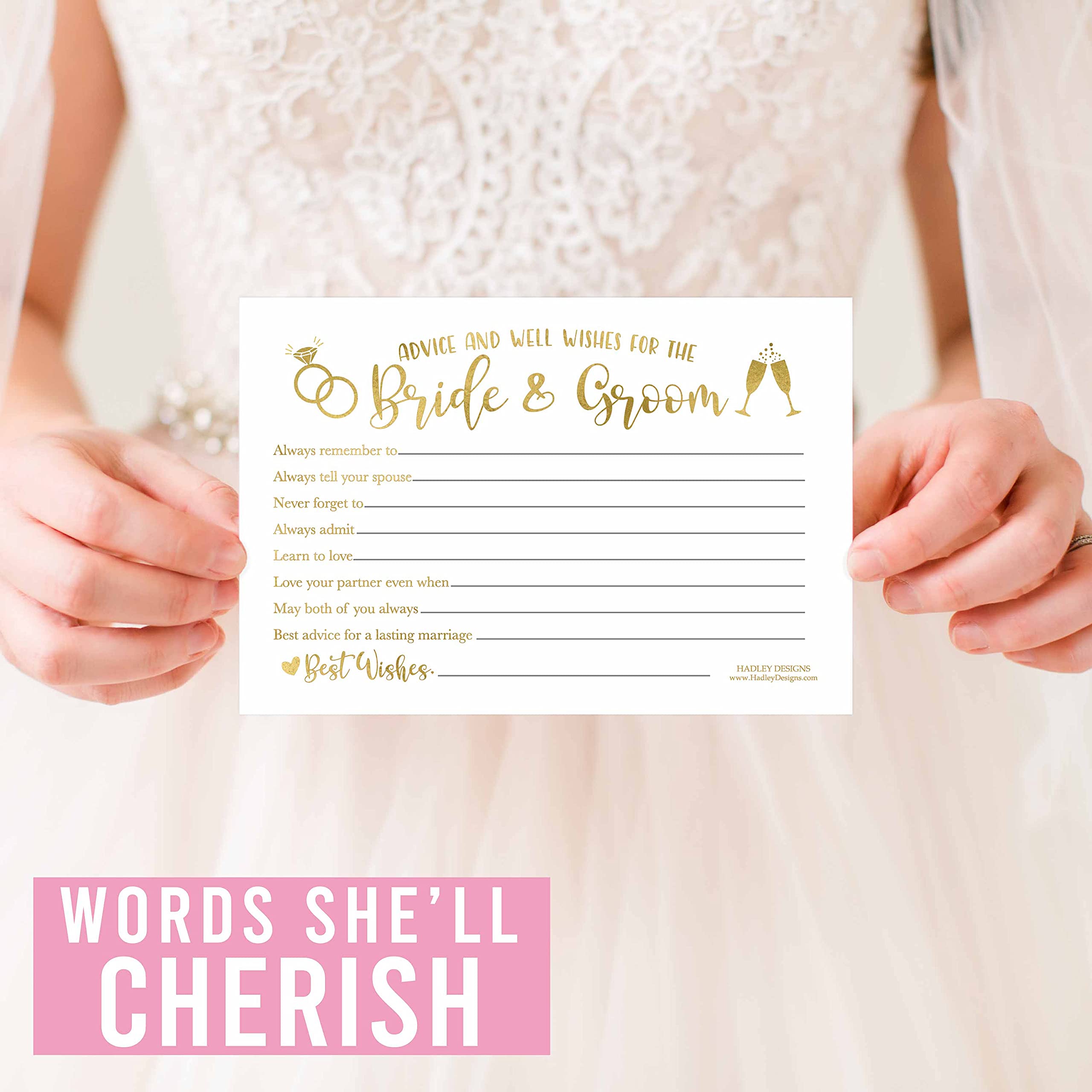 Hadley Designs 50 Advice Cards for Bride & Groom - Fun Bridal Shower Games, Wedding Guest Book Alternative & Reception Card Box - Perfect for Wedding Parties, Bridal Showers & Anniversary Celebrations