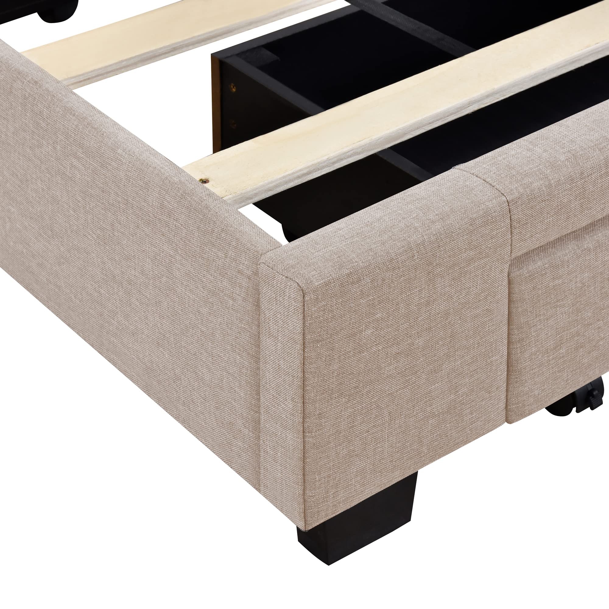 Merax Queen Size Linen Upholstered Platform Bed with 3 Storage Drawers & Headboard - No Box Spring Needed, Beige Modern Bed Frame for Small Space Bedroom, Guest Room & Apartment