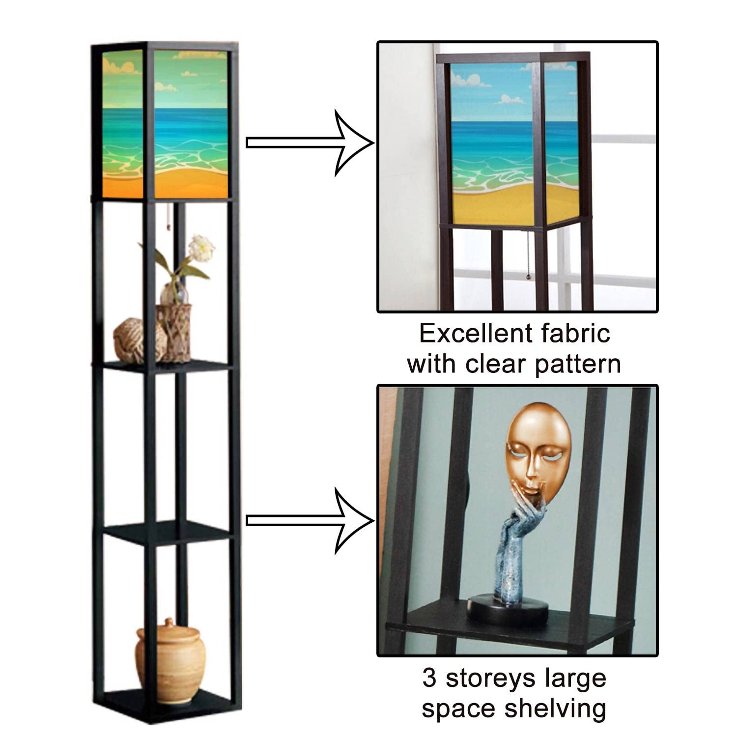Cartoon Summer Beach Style Standing Lamp with Shelves - Flaxen Fabric Shade Floor Lamp for Living Room, Bedroom, Office - Tall Corner & Bedside Lighting for Home Aesthetic Decor (Perfect for Reading Nook, Coastal Theme Rooms & Relaxing Spaces)