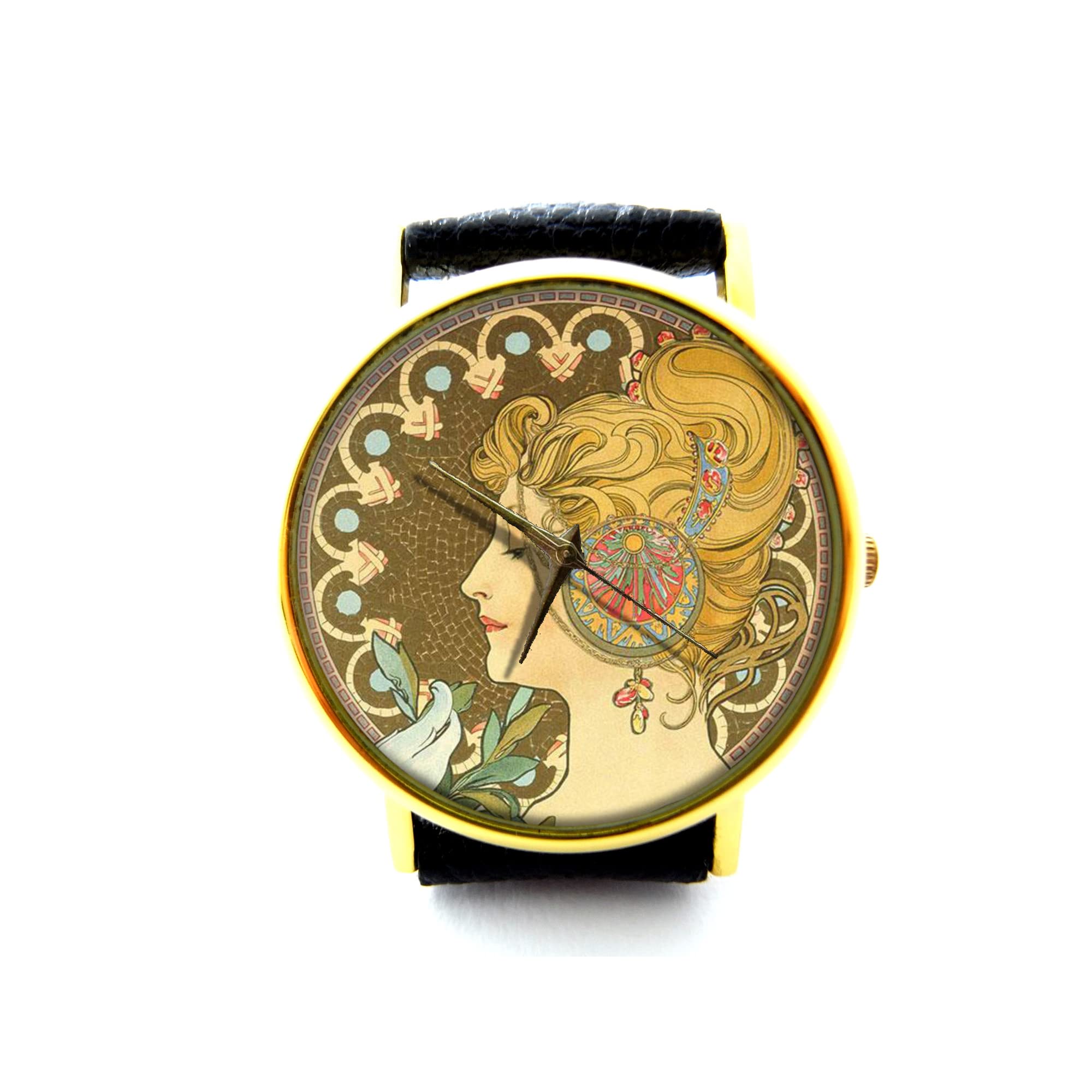 Alphonse Mucha Art Nouveau Leather Watch - Vintage Unisex Timepiece with Mucha Jewelry Design P310 - Perfect for Gifts, Collectors & Art Lovers