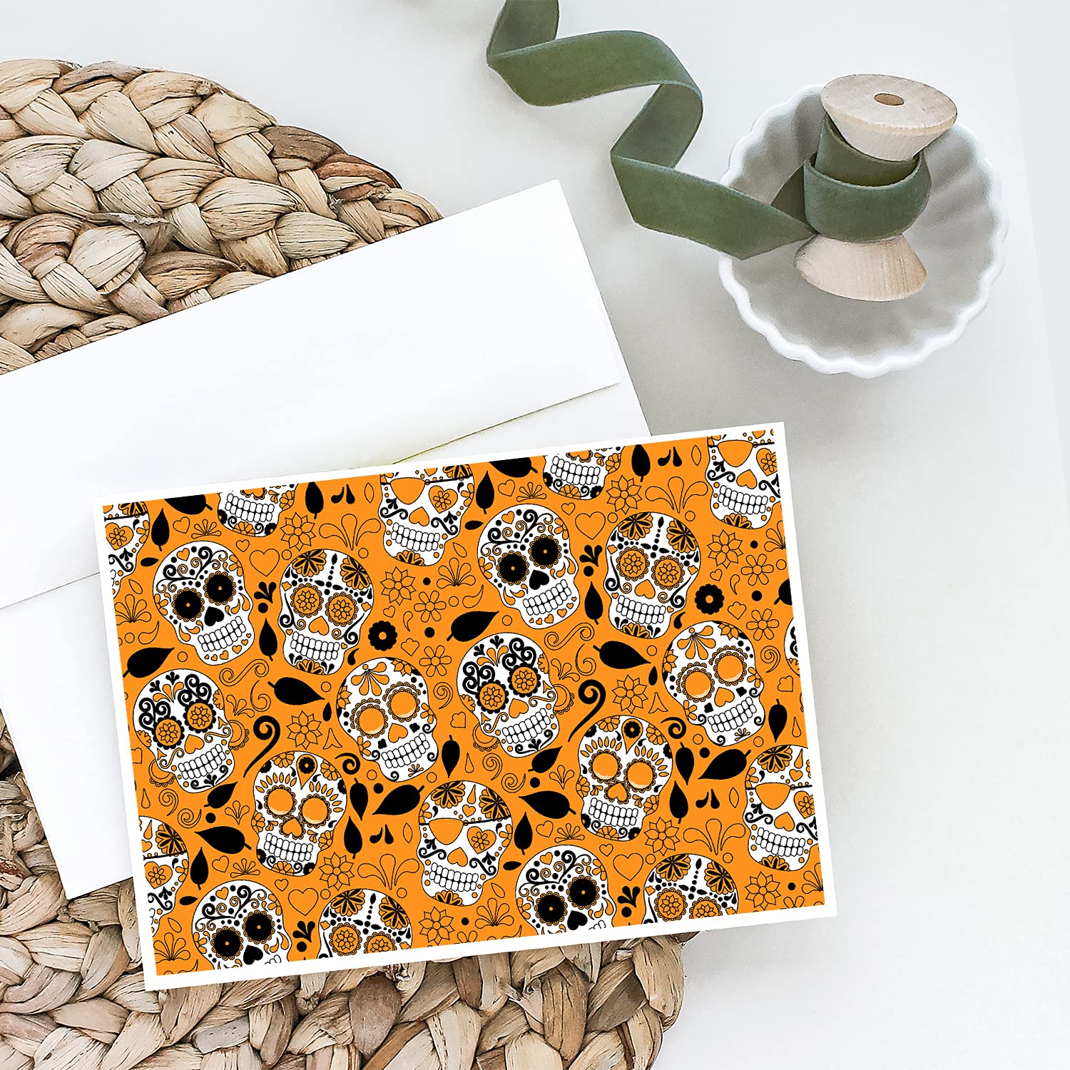 Day of The Dead Orange Greeting Cards - Pack of 8 Blank A7 Size (5x7) Note Cards with Envelopes | Whimsical Mexican Sugar Skull Design | Perfect for Halloween, Dia de los Muertos Celebrations & Handwritten Notes