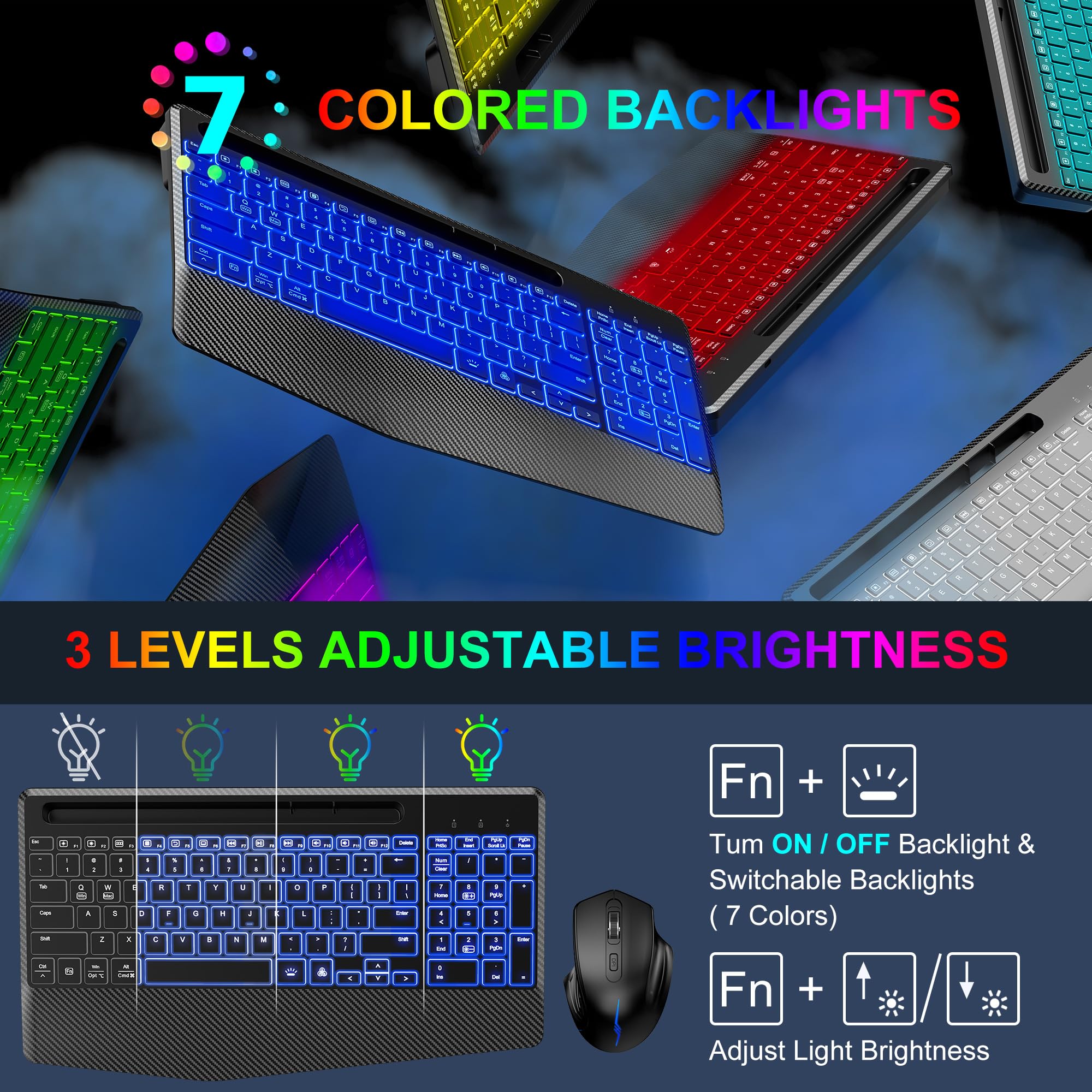 Ergonomic Wireless Keyboard and Mouse Combo with RGB Backlit, Rechargeable & Quiet Design - Includes Phone Holder & Wrist Rest for Mac, Windows, PC, Laptop | Perfect for Office, Gaming & Home Use