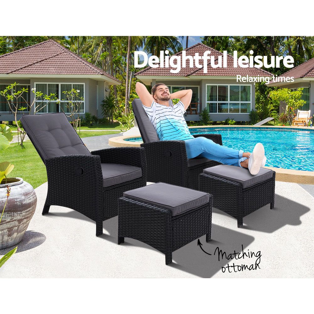 2-Piece Sun Lounger Recliner Chair Set - Wicker Patio Sofa Daybed with Cushion & Ottoman - Outdoor Garden Furniture for Poolside, Backyard Relaxation & Beach Lounging