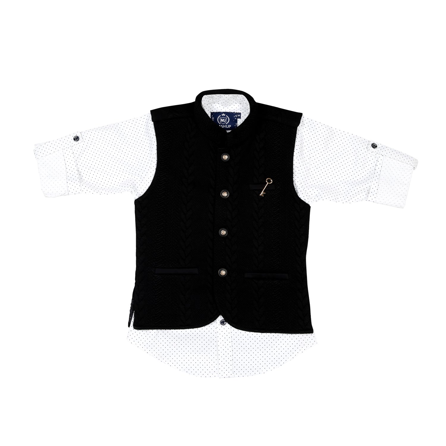 Stylish Black Self Textured Nehru Jacket & Polka Dot Print Shirt for Men - Perfect for Casual Outings, Parties, and Festive Occasions