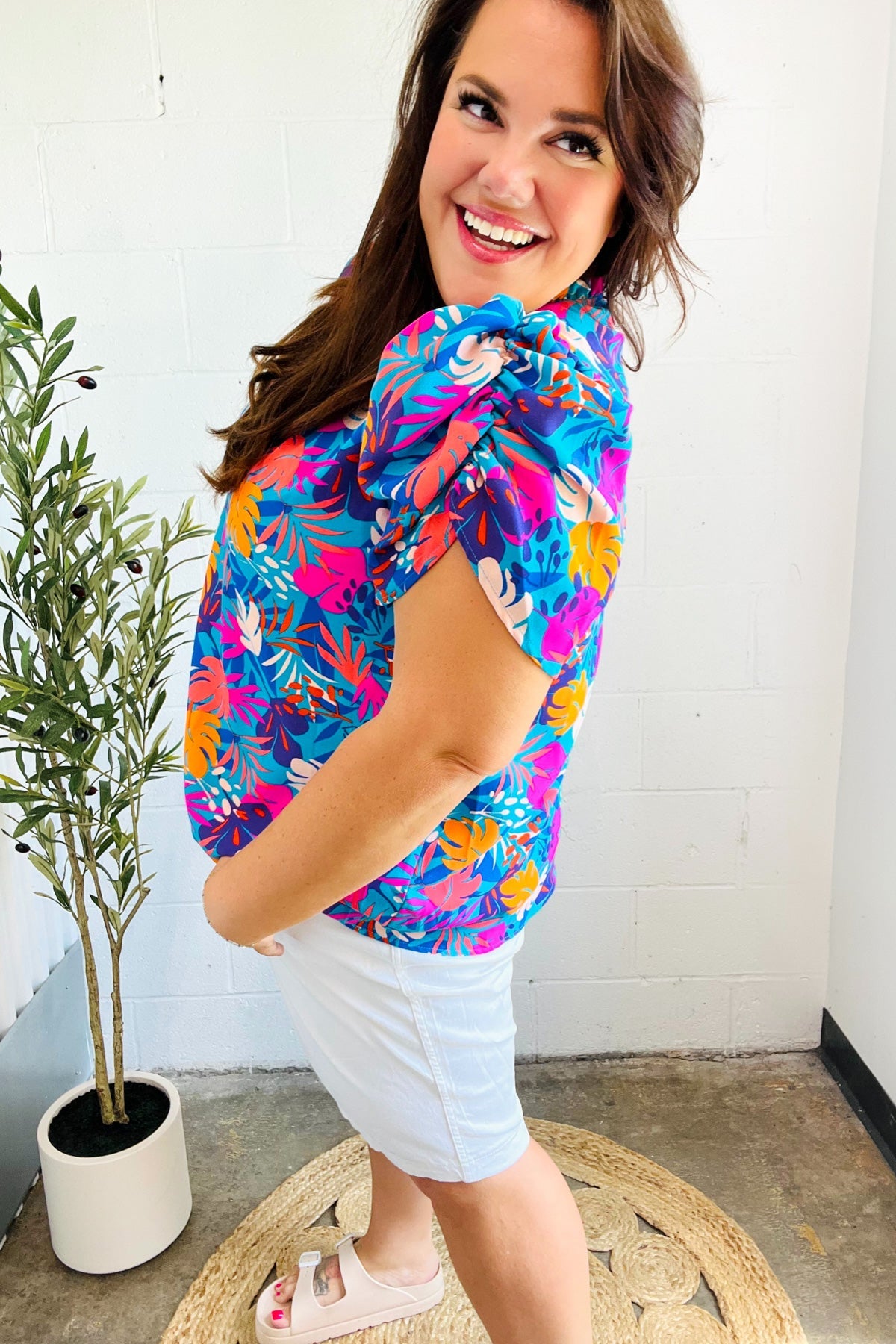 All For You Women's Aqua Tropical Print Frill Notch Neck Puff Sleeve Blouse | Summer Beach Vacation Top | Perfect for Tropical Getaways, Pool Parties & Casual Outings
