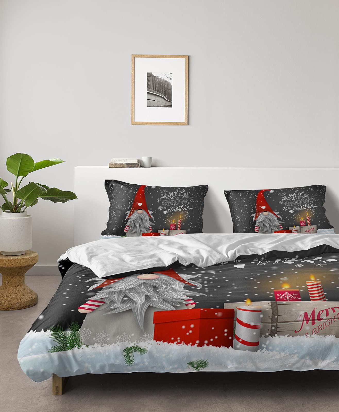 California King Duvet Cover Set 4-Piece - Christmas Gnome with Candle Winter Design, Ultra Soft Breathable Comforter Cover with Flat Sheet & 2 Decorative Pillow Shams - Snowflake White Bedding for Cozy Winter Nights
