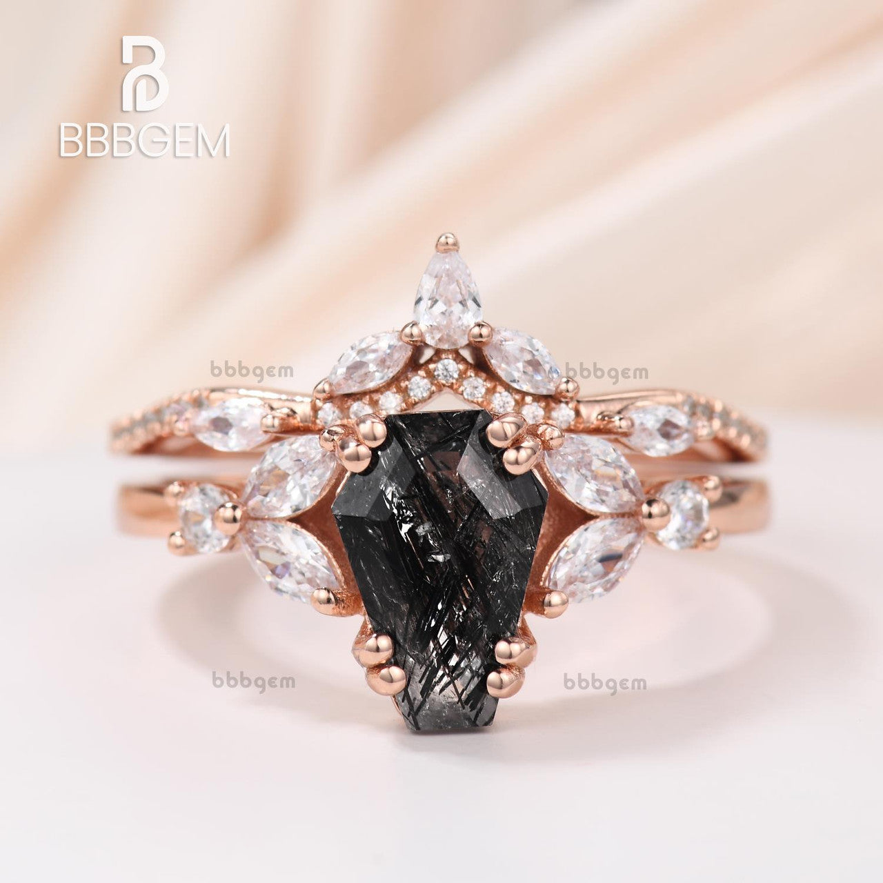 Gothic Coffin Shape Black Rutilated Quartz Bridal Ring Set - Rose Gold Unique Jewelry for Women | Gothic Wedding, Dark Romance & Alternative Fashion Accessory