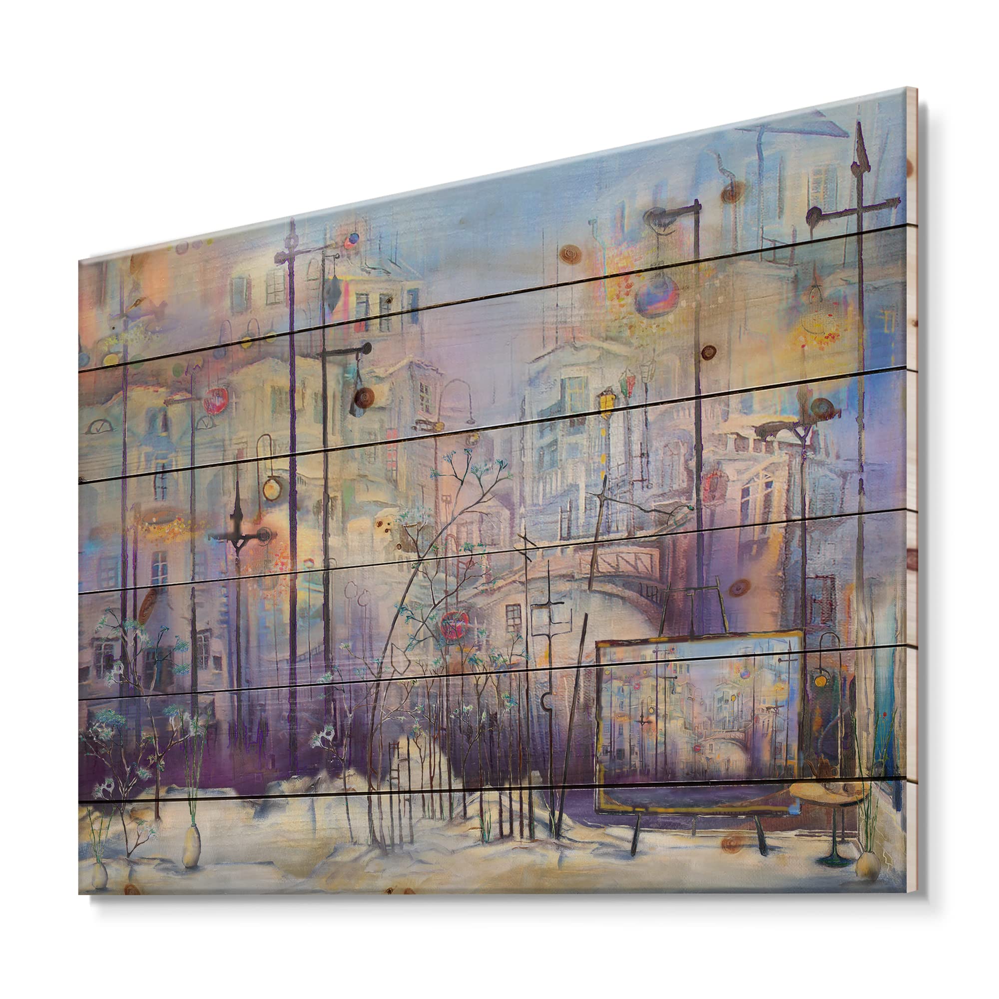 Abstract Pastel Cityscape Modern & Contemporary Wood Wall Art - Purple Landscape Wood Panel Decor Printed on Natural Pine - Perfect for Living Room, Bedroom & Office Wall Decor