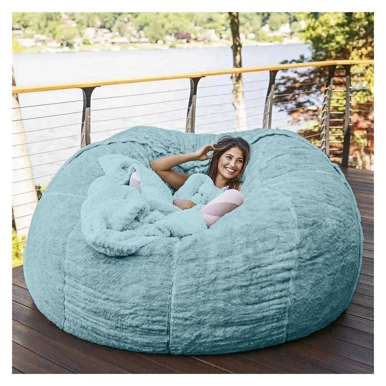 EKWQ Giant 7FT Faux Fur Bean Bag Chair Cover (Only Cover, No Filler) - Soft Fluffy Round Living Room Furniture for Lazy Sofa Bed - Sky Blue - Perfect for Cozy Home Decor, Movie Nights & Kids Playroom
