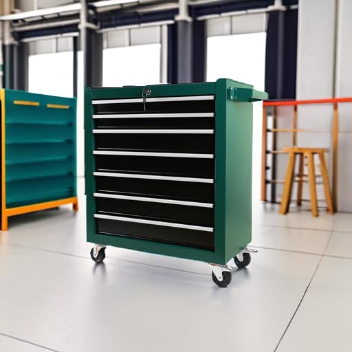 7-Drawer Rolling Tool Chest with Wheels - Heavy Duty Portable Tool Storage Cabinet with Locking System - Multifunctional Garage Workshop Organizer for Mechanics, DIY Enthusiasts & Warehouse Repair Shops (Green) - Perfect for Tool Organization in Home Garages, Professional Workshops & Industrial Settings