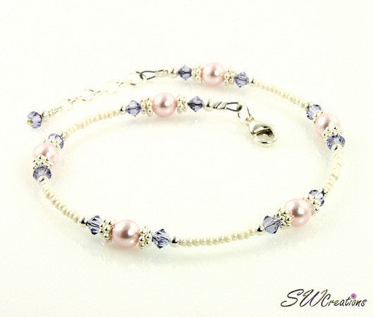 Tanzanite Pink Pearl Crystal Beaded Anklet - Elegant Adjustable Ankle Bracelet for Women | Perfect for Beach, Wedding & Boho Fashion