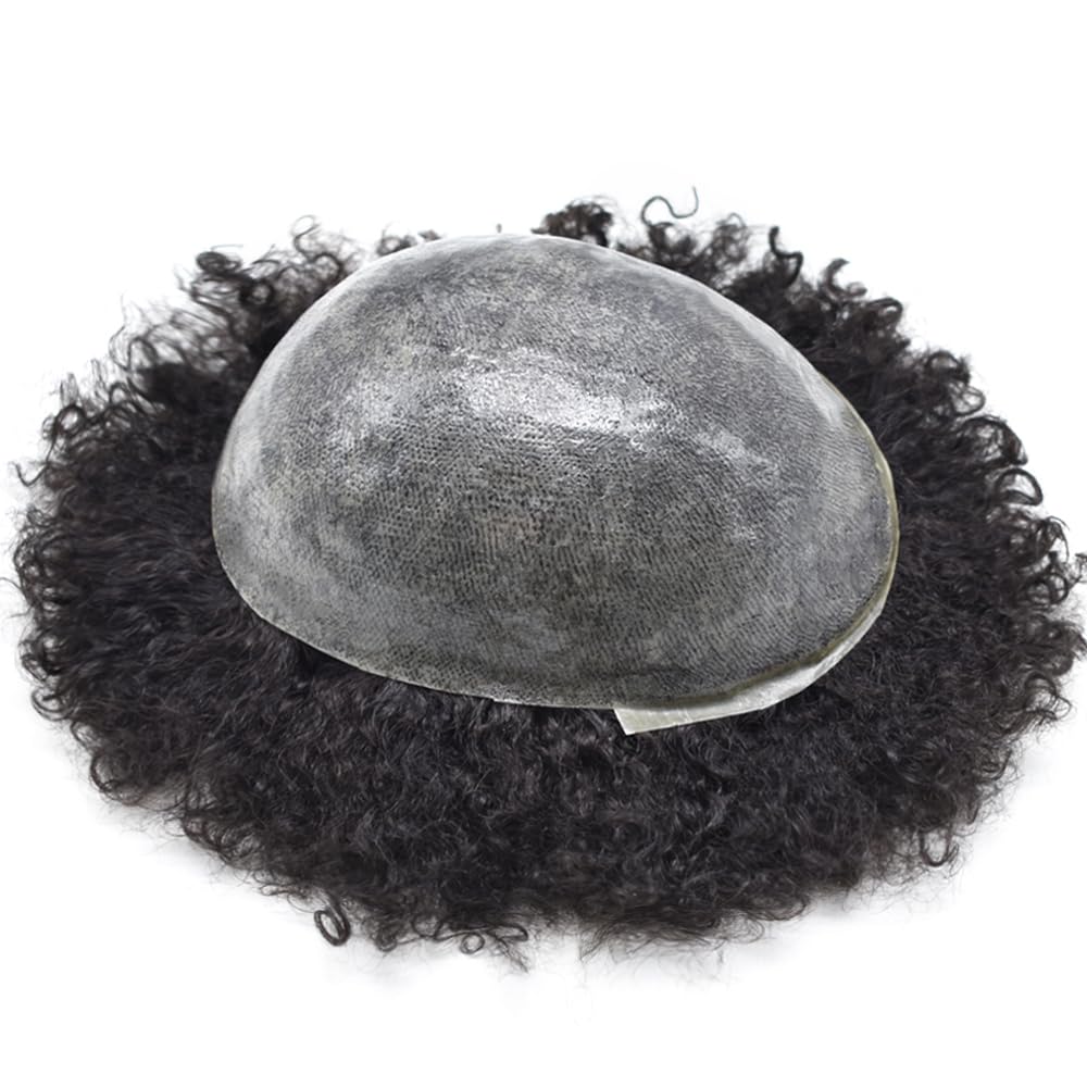 6mm Afro Wavy Human Hair Toupee for Black Men - Full Poly Thin Skin PU Injection Replacement System - African American Kinky Curly Hair Unit (Jet Black #1) - Perfect for Daily Wear, Special Occasions & Hair Loss Solutions