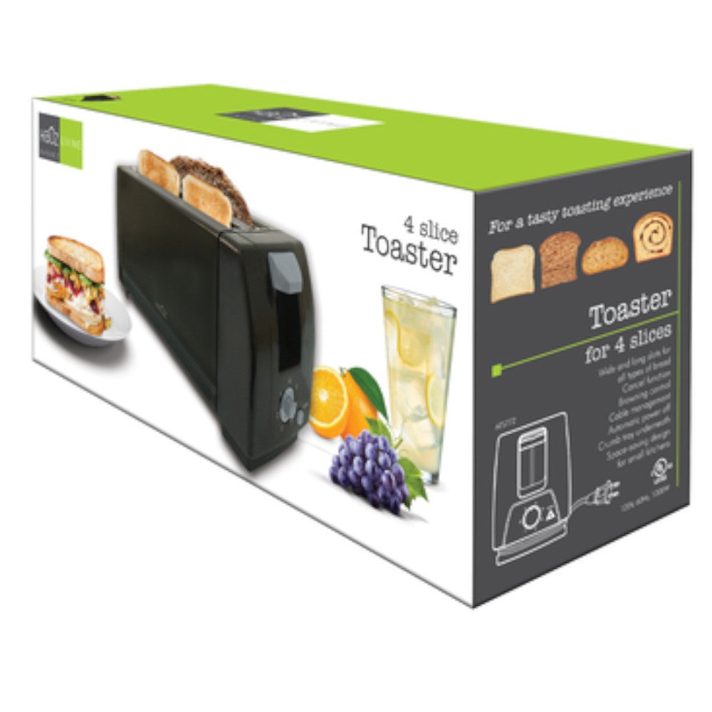 HAUZ ATS772 4 Slice Long Slot Toaster - Black Stainless Steel | Perfect for Breakfast, Bagels & Family Kitchens