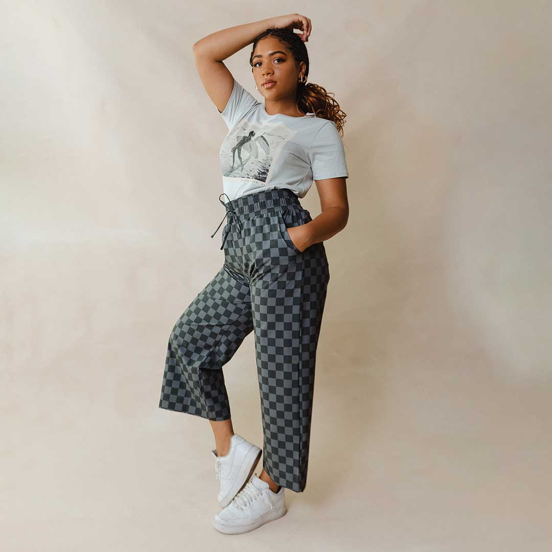 Audrey Wide Leg Pants for Women - Stylish Slate Checkered High Waist Trousers | Office Wear, Casual Outfits & Business Travel Essentials